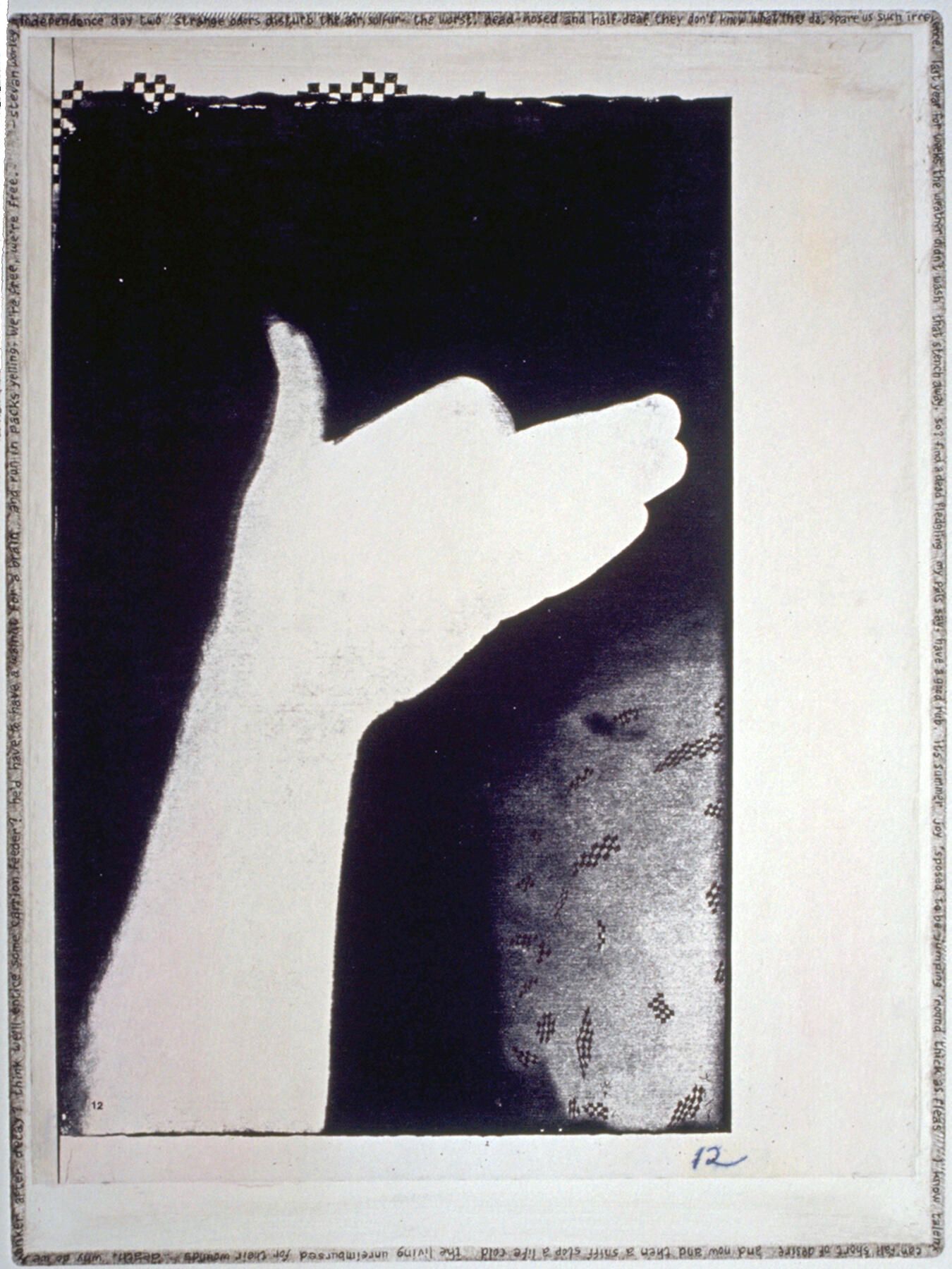 Handmade Dogs 12: A hand-shadow dog originated in cyanotype, which was scanned and printed by an office copier, then laminated by chine-colle to etching paper on a copper plate whose edges were beveled and polished. With a fine pen point, Worley's poem was written around the perimeter of the embossing, with added tiny checkerboard patterns. Also, bones were painted with a fingertip and black etching ink.