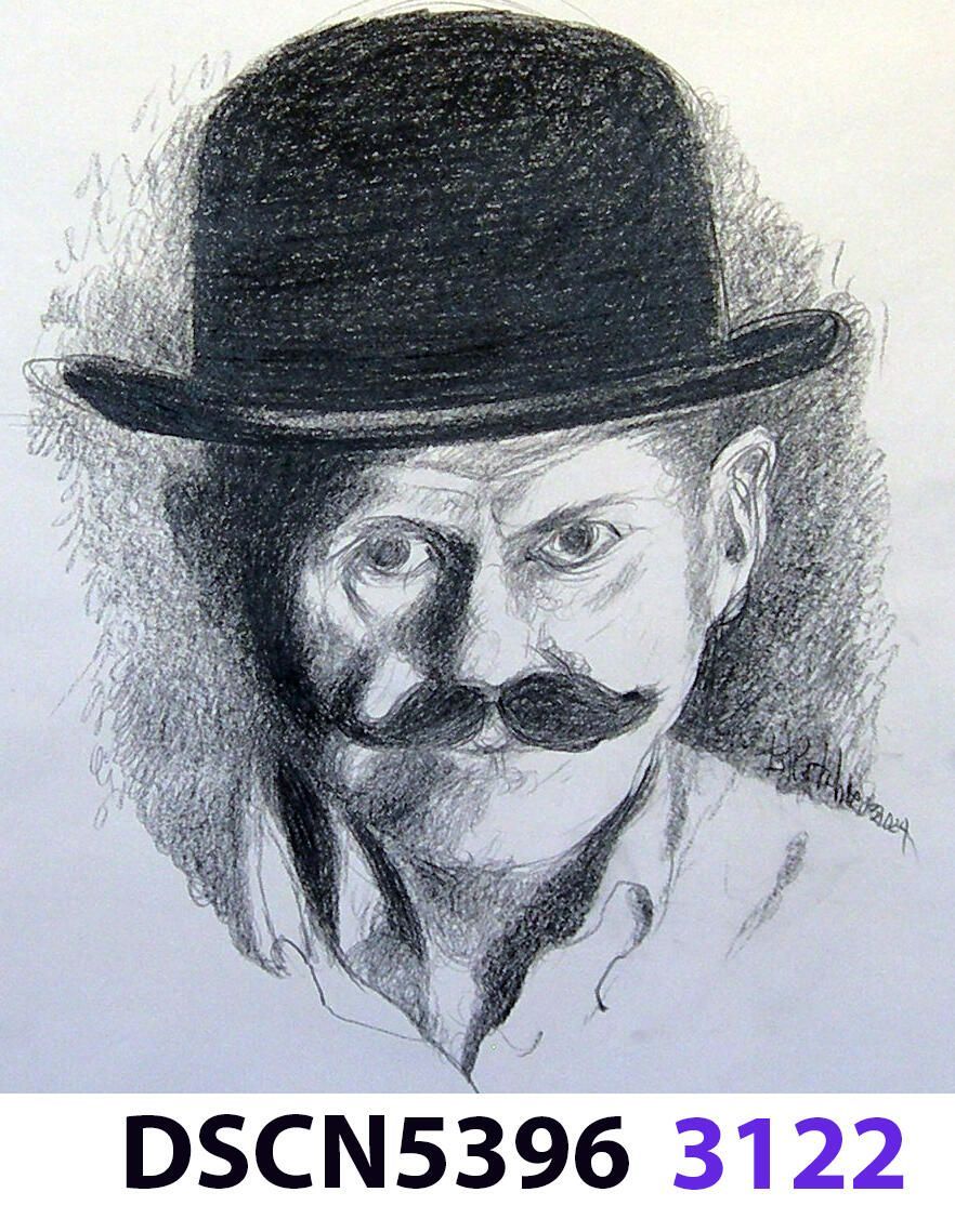 Self-portrait as Dusty: When doing my drawings along with the assignments I gave students at Shoreline College in 2003, self-portraits was one of the assignments and I donned my old Dusty Cann bowler hat and mustache for this one. Dusty Cann was my "alter ego" or imaginary sidekick in the making of videos, the old curmudgeon and know-it-all in printmaking.