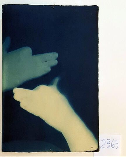 Handmade Dog Cyanotype No. 27 of 32: Norman Durkee, a Seattle composer, was a friend of mine and he sent me a tape of works made on his new Buchla synthesizer. One was titled, "Handmade Dog," a silly, rambling ditty with his synthesized "Woof woof" interspersed. My thought was to collaborate with Norman with my own handmade dogs. I had been doing such hand-shadow prints for some time. The technique, cyanotype, is sometimes called "sun printmaking" because sunlight is ideal, especially in months when the sun is high and rich in UV. The method requires coating paper with chemicals, letting it dry in a dark place, and then - in the sun as I did in this series - laying the paper out flat and putting like one's hand on it. Where the sun strikes the chemical, a reaction occurs and after some seconds or a minute, the paper is shielded until it can be washed. In cold, running water, the unexposed chemicals dissolve and wash away. Where the sun struck, the chemicals became insoluble and turn blue. Invented at the time many photo processes were (the mid-19th Century), it never achieved commercial value except in making blueprints and fine art photographs. To make the series of 32 prints I made a cyanotype or two a day in the summer of 1982, climbing to the rooftop hatch to the top of the Journal of Commerce Building in Seattle, which was home to the Triangle Studios for me from 1977-1983. See my memoir, "Dumb Hope: My curious life - 1981-1990."