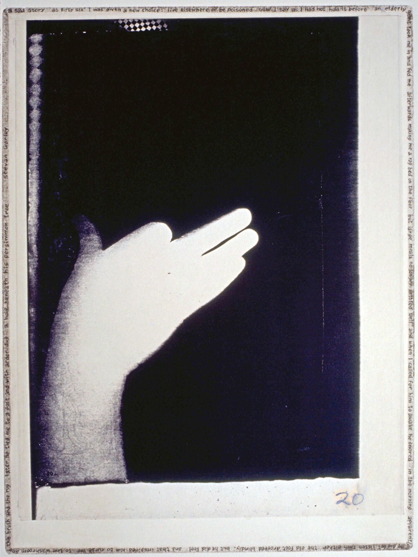 Handmade Dogs 20: A hand-shadow dog originated in cyanotype, which was scanned and printed by an office copier, then laminated by chine-colle to etching paper on a copper plate whose edges were beveled and polished. With a fine pen point, Worley's poem was written around the perimeter of the embossing, with added tiny checkerboard patterns. Also, bones were painted with a fingertip and black etching ink.