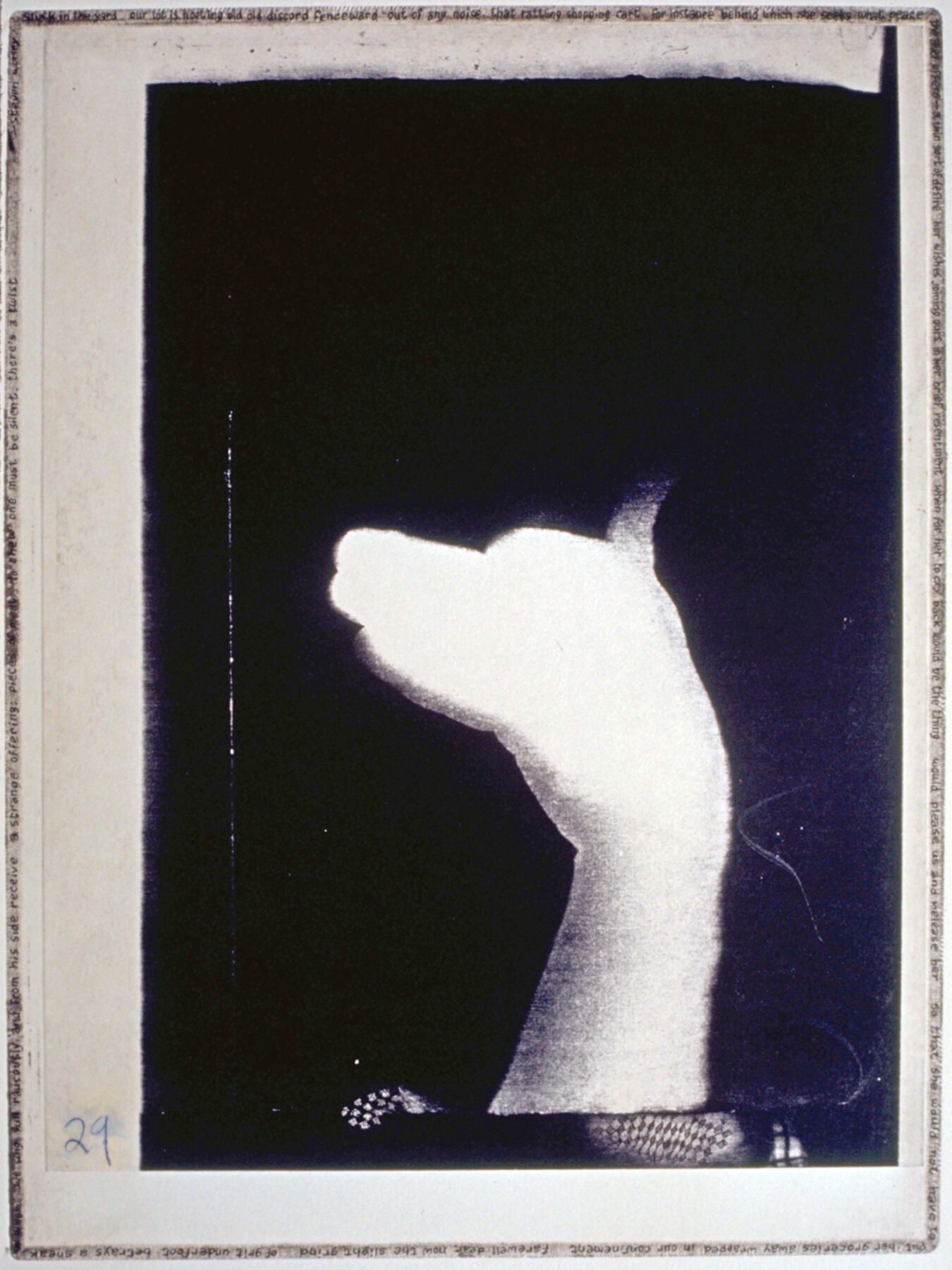 Handmade Dogs 29: A hand-shadow dog originated in cyanotype, which was scanned and printed by an office copier, then laminated by chine-colle to etching paper on a copper plate whose edges were beveled and polished. With a fine pen point, Worley's poem was written around the perimeter of the embossing, with added tiny checkerboard patterns. Also, bones were painted with a fingertip and black etching ink.