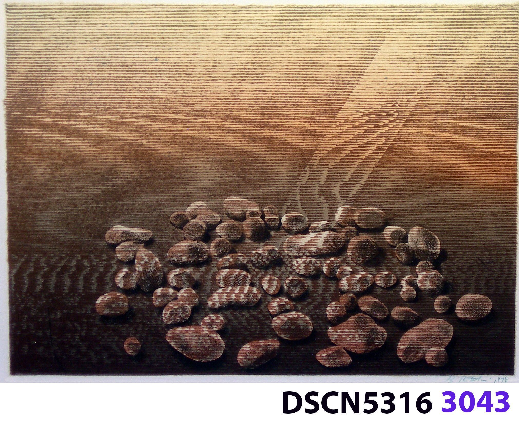 Stone Set IV: As a historical note, artist Bill Ritchie worked briefly at the Munch Museum studying the wood blocks that Edvard Munch cut and printed. Some of his woodcuts, notably "Badende Mann," (Bathing Man) he printed not as replicas or multiples all alike, but with different colors. These are termed monoprints, which means there are blocks which and be used to make almost identical impressions, but for artistic purposes (i.e., enjoyment of the creative artist) but the artist chose instead to make variations. In this print, Stone Set, Bill used an etched zinc plate from the Stone Set series and an under-image to a carved woodblock. Most, if not all, of the etched plates were printed in black, but the woodblock, being that it is printed with water-based colors in the Japanese manner (sosaku hanga) invites spontaneous color changes. The printer only has to dip the brush into a different color on the palette to produce a change. In other, mostly oil-based printing mediums, color changes are not that easy. Munch, for example, had to clean his inking slab and roller each time he wanted to try a different color. It must be mentioned, also, that Bill carved the lines in wood based on his video art. Television in those days was analog technology, with one or three electron beams scanning side-to-side of the picture from top to bottom and back again. The "picture" in Bill's video for this woodcut was not of the the real world, but the lines were instead the result of his stopping a videotape on a reel-to-reel videotape player and freezing the scanning at that stop-point. He photographed the TV screen, printed the negatiive, an traced it line-by line onto the woodcut and started carving. Another element to be mentioned is that the woodcut was printed on thin Asian paper (which works best in Japanese woodcut-style printing), let dry, then laminated to the etching in a second printing. The method is called Chine-colle, with water-based paste used to glue the sheets togehter. On close examination, one can tell the black oil-based etching ink is printed over the color, water-based ink.