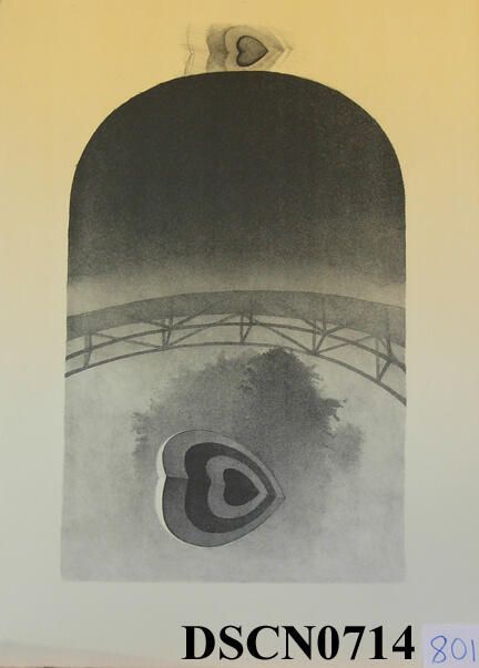 Target Heart 2: Trial proof in the Target Heart 2 edition. The crayon manner drawing on stone is slow and exacting in the way that I approached the method, and a good way to meditate on my themes. I was combining the target heart, trees, reflections, and bridge themes into the composition. This was when trees were moving back to the background, the bridge an over-arching character and the target hearts to the foreground.