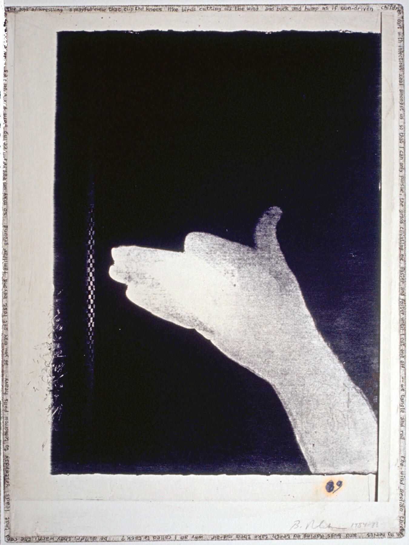 Handmade Dogs 9: A hand-shadow dog originated in cyanotype, which was scanned and printed by an office copier, then laminated by chine-colle to etching paper on a copper plate whose edges were beveled and polished. With a fine pen point, Worley's poem was written around the perimeter of the embossing, with added tiny checkerboard patterns. Also, bones were painted with a fingertip and black etching ink.