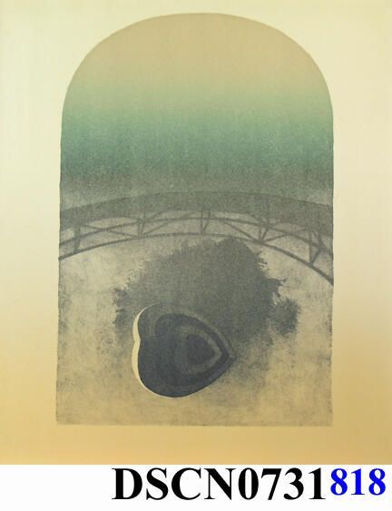 Target Heart 2: Trial proof in the Target Heart 2 edition. The crayon manner drawing on stone is slow and exacting in the way that I approached the method, and a good way to meditate on my themes. I was combining the target heart, trees, reflections, and bridge themes into the composition. This was when trees were moving back to the background, the bridge an over-arching character and the target hearts to the foreground.