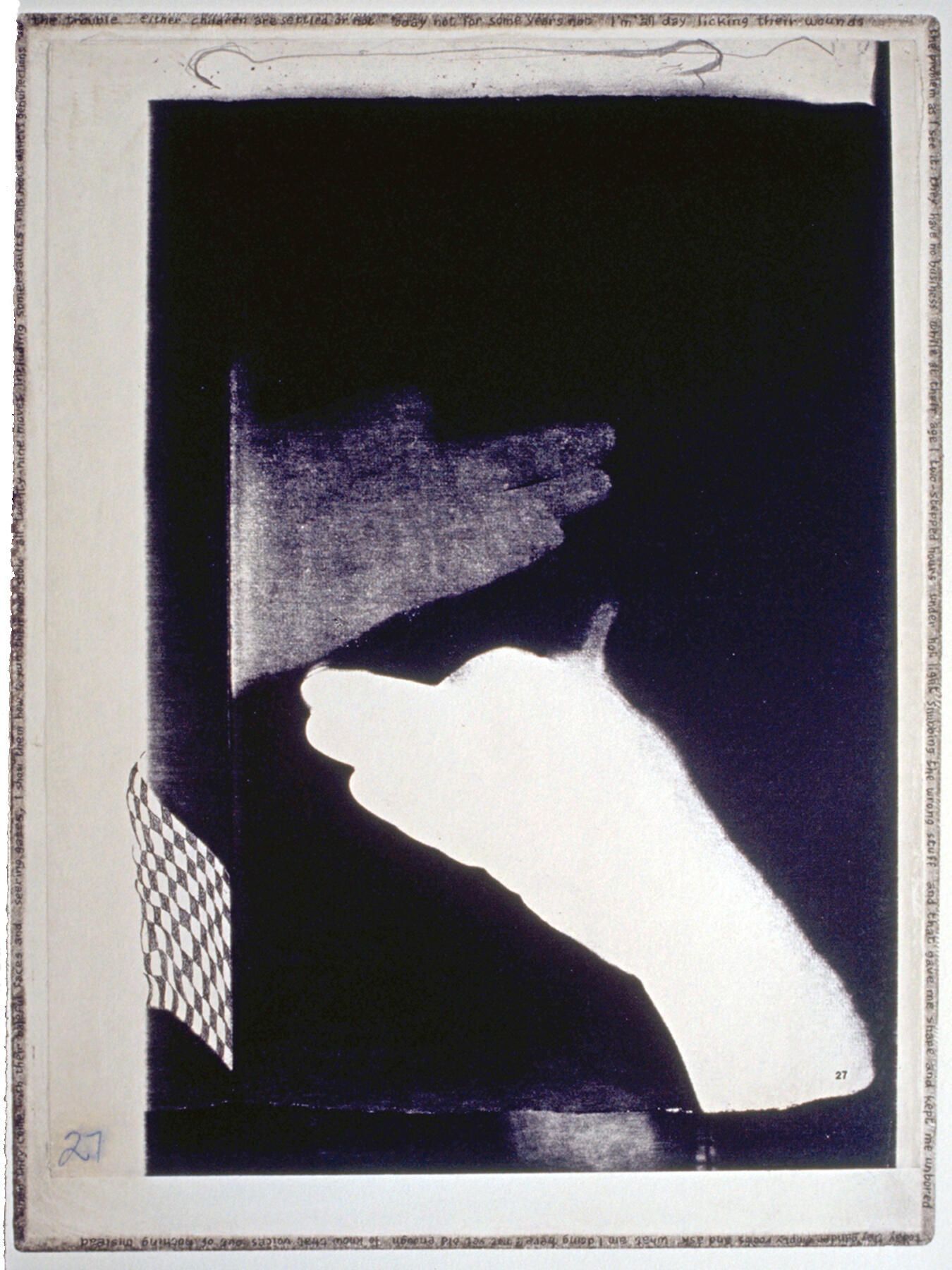 Handmade Dogs 27.: A hand-shadow dog originated in cyanotype, which was scanned and printed by an office copier, then laminated by chine-colle to etching paper on a copper plate whose edges were beveled and polished. With a fine pen point, Worley's poem was written around the perimeter of the embossing, with added tiny checkerboard patterns. Also, bones were painted with a fingertip and black etching ink.