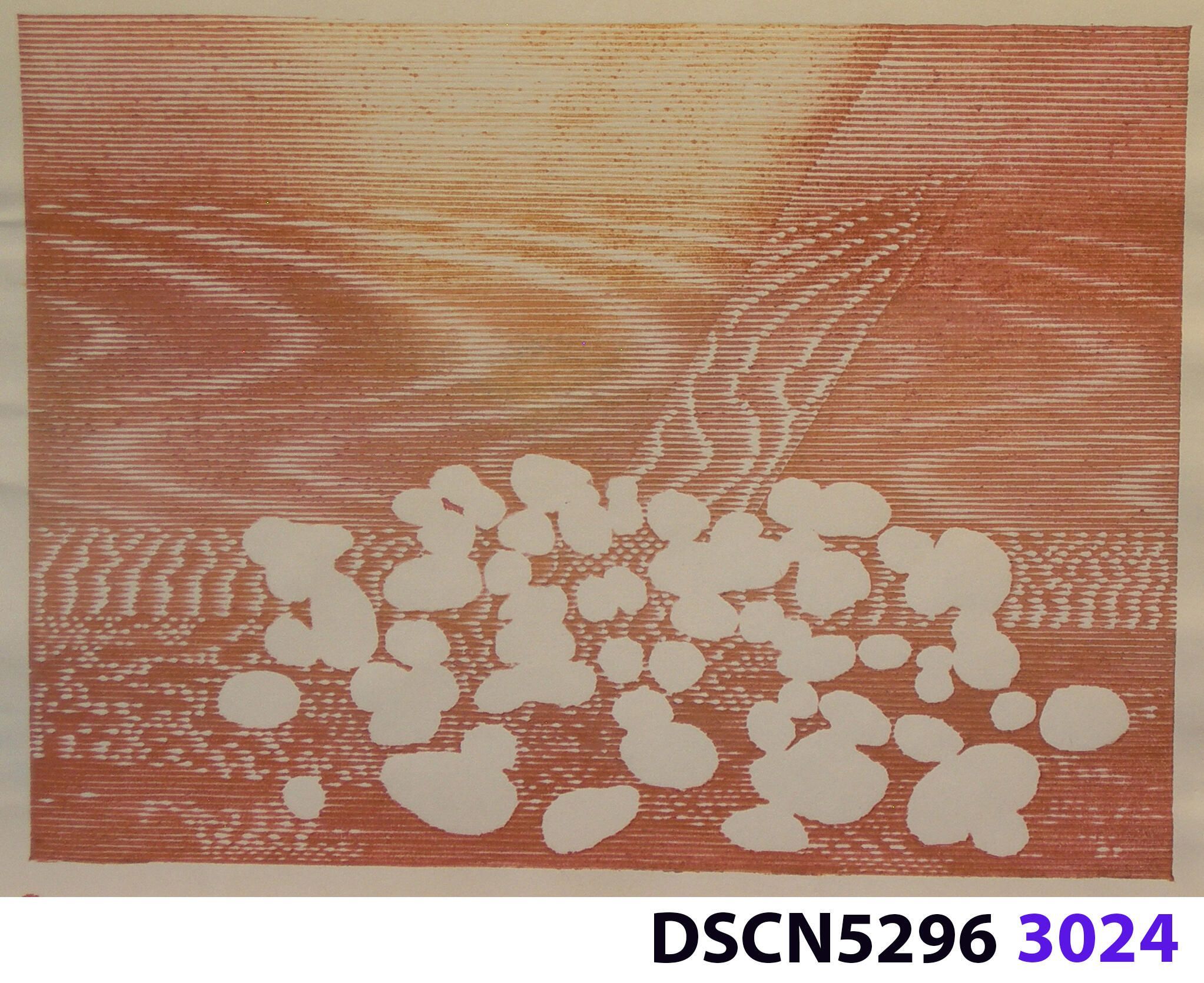 Stone Set: As a historical note, artist Bill Ritchie worked briefly at the Munch Museum studying the wood blocks that Edvard Munch cut and printed. Some of his woodcuts, notably "Badende Mann," (Bathing Man) he printed not as replicas or multiples all alike, but with different colors. These are termed monoprints, which means there are blocks which and be used to make almost identical impressions, but for artistic purposes (i.e., enjoyment of the creative artist) but the artist chose instead to make variations. In this print, Stone Set, Bill used an etched zinc plate from the Stone Set series and an under-image to a carved woodblock. Most, if not all, of the etched plates were printed in black, but the woodblock, being that it is printed with water-based colors in the Japanese manner (sosaku hanga) invites spontaneous color changes. The printer only has to dip the brush into a different color on the palette to produce a change. In other, mostly oil-based printing mediums, color changes are not that easy. Munch, for example, had to clean his inking slab and roller each time he wanted to try a different color. It must be mentioned, also, that Bill carved the lines in wood based on his video art. Television in those days was analog technology, with one or three electron beams scanning side-to-side of the picture from top to bottom and back again. The "picture" in Bill's video for this woodcut was not of the the real world, but the lines were instead the result of his stopping a videotape on a reel-to-reel videotape player and freezing the scanning at that stop-point. He photographed the TV screen, printed the negatiive, an traced it line-by line onto the woodcut and started carving. Another element to be mentioned is that the woodcut was printed on thin Asian paper (which works best in Japanese woodcut-style printing), let dry, then laminated to the etching in a second printing. The method is called Chine-colle, with water-based paste used to glue the sheets togehter. On close examination, one can tell the black oil-based etching ink is printed over the color, water-based ink.