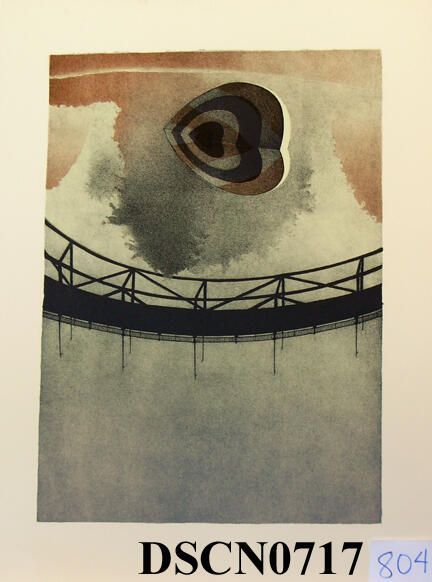 Target Heart 2: Trial proof in the Target Heart 2 edition. The crayon manner drawing on stone is slow and exacting in the way that I approached the method, and a good way to meditate on my themes. I was combining the target heart, trees, reflections, and bridge themes into the composition. This was when trees were moving back to the background, the bridge an over-arching character and the target hearts to the foreground.