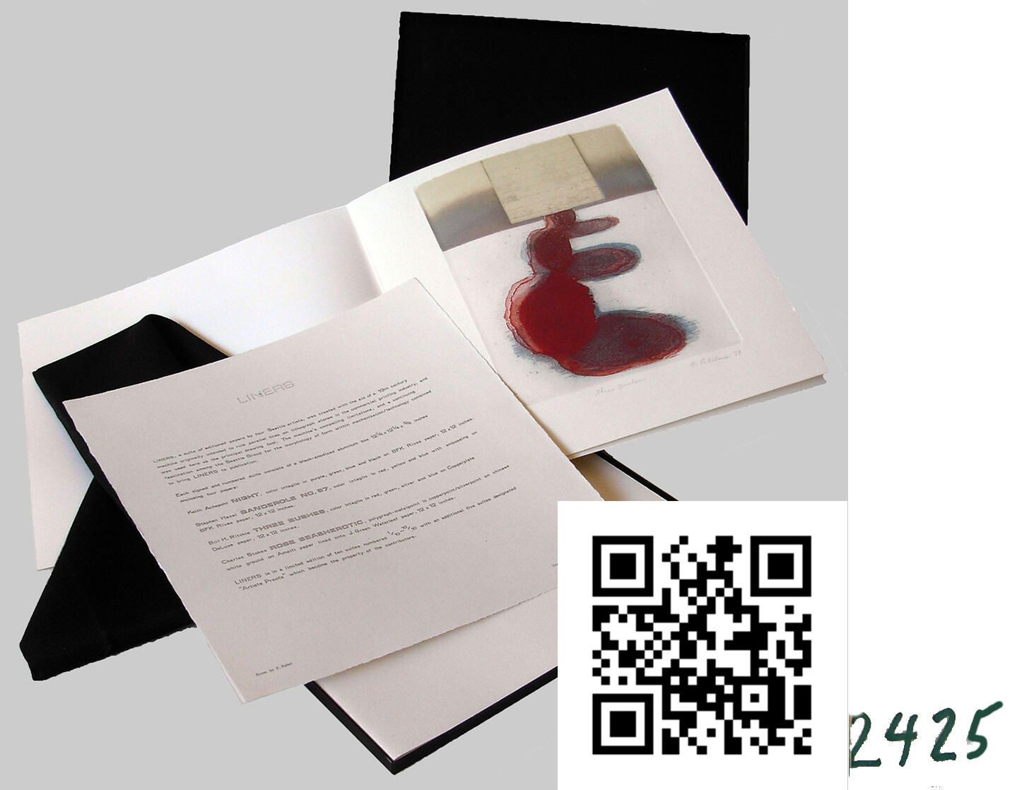 Liner Suite, opened: The suite is contained in a 12 X 12 in. black, anodized aluminum case made by Kathleen Rabel, which is inside a linen slip case made by Ms. Rabel's mother. The black box is shown open, the slipcase folded underneath, and the colophon page on top. Bill Ritchie's contribution is shown, too, but the works by the other three artists is not shown here. The QR code linked to a a short video by Bill Ritchie, made in 2020, the URL is https://youtu.be/AfbgoeM2qZI