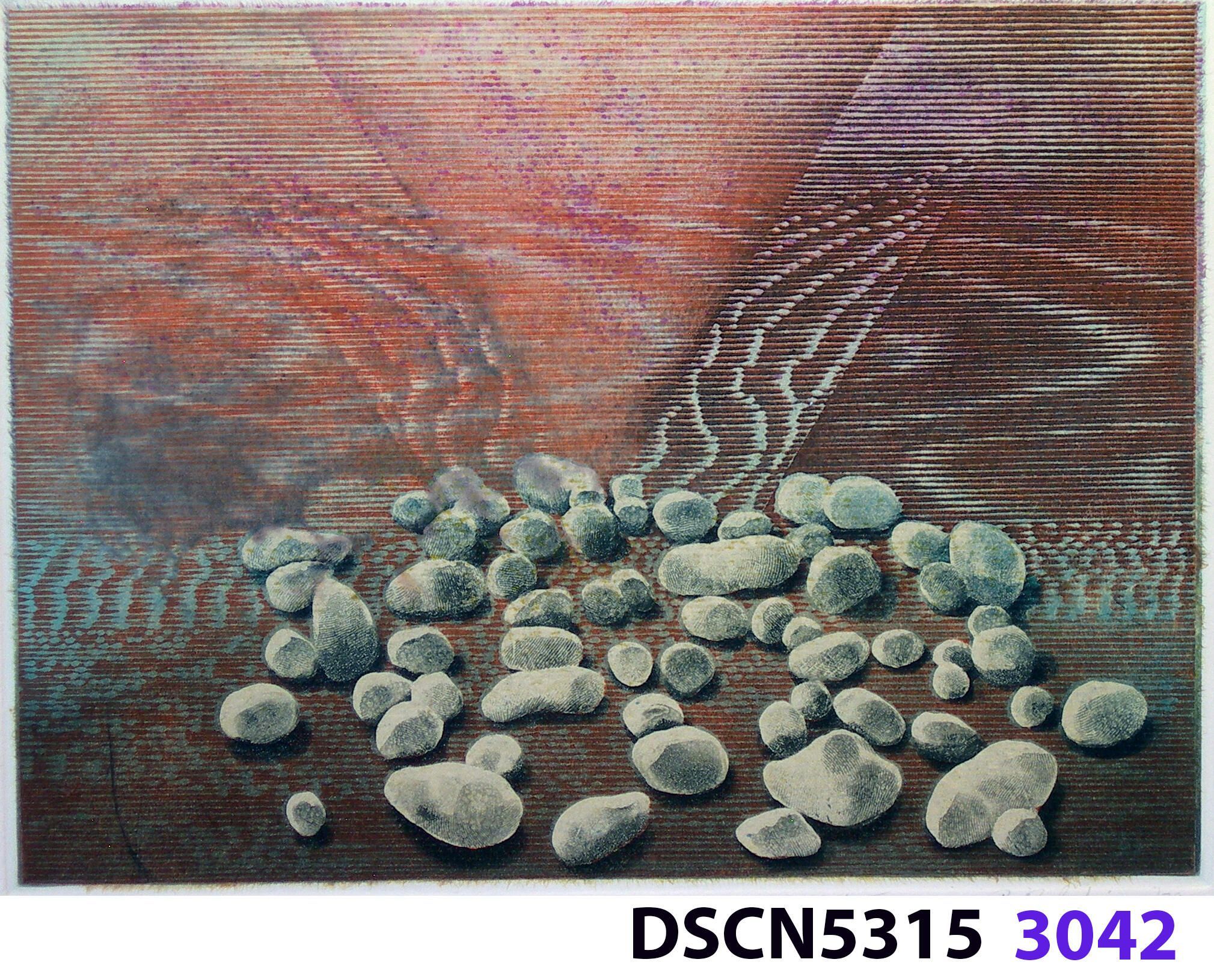 Stone Set IV: As a historical note, artist Bill Ritchie worked briefly at the Munch Museum studying the wood blocks that Edvard Munch cut and printed. Some of his woodcuts, notably "Badende Mann," (Bathing Man) he printed not as replicas or multiples all alike, but with different colors. These are termed monoprints, which means there are blocks which and be used to make almost identical impressions, but for artistic purposes (i.e., enjoyment of the creative artist) but the artist chose instead to make variations. In this print, Stone Set, Bill used an etched zinc plate from the Stone Set series and an under-image to a carved woodblock. Most, if not all, of the etched plates were printed in black, but the woodblock, being that it is printed with water-based colors in the Japanese manner (sosaku hanga) invites spontaneous color changes. The printer only has to dip the brush into a different color on the palette to produce a change. In other, mostly oil-based printing mediums, color changes are not that easy. Munch, for example, had to clean his inking slab and roller each time he wanted to try a different color. It must be mentioned, also, that Bill carved the lines in wood based on his video art. Television in those days was analog technology, with one or three electron beams scanning side-to-side of the picture from top to bottom and back again. The "picture" in Bill's video for this woodcut was not of the the real world, but the lines were instead the result of his stopping a videotape on a reel-to-reel videotape player and freezing the scanning at that stop-point. He photographed the TV screen, printed the negatiive, an traced it line-by line onto the woodcut and started carving. Another element to be mentioned is that the woodcut was printed on thin Asian paper (which works best in Japanese woodcut-style printing), let dry, then laminated to the etching in a second printing. The method is called Chine-colle, with water-based paste used to glue the sheets togehter. On close examination, one can tell the black oil-based etching ink is printed over the color, water-based ink.