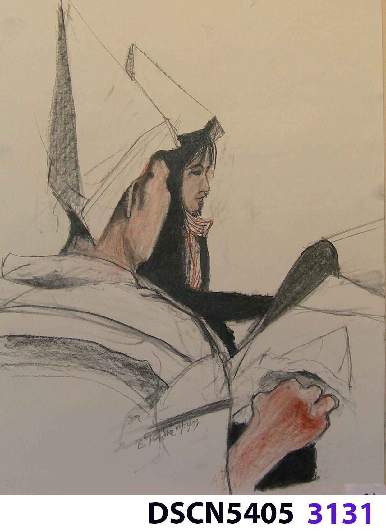 Shoreline student in hats: When i taught drawing I like to include theater, this time having students make paper hats and wear them during one of the sessions where they drew partners. In this instance, of course this is my drawing. I wonder if, out there somewhere, there is a drawing of me by one of the students? I remember the girl in this drawing - she wanted to go on to Western Washington University and I coached her in making her portfolio. We made a CD/ROM in addition to her regular works. I hope she reached her goal; it was almost twenty years ago this year.