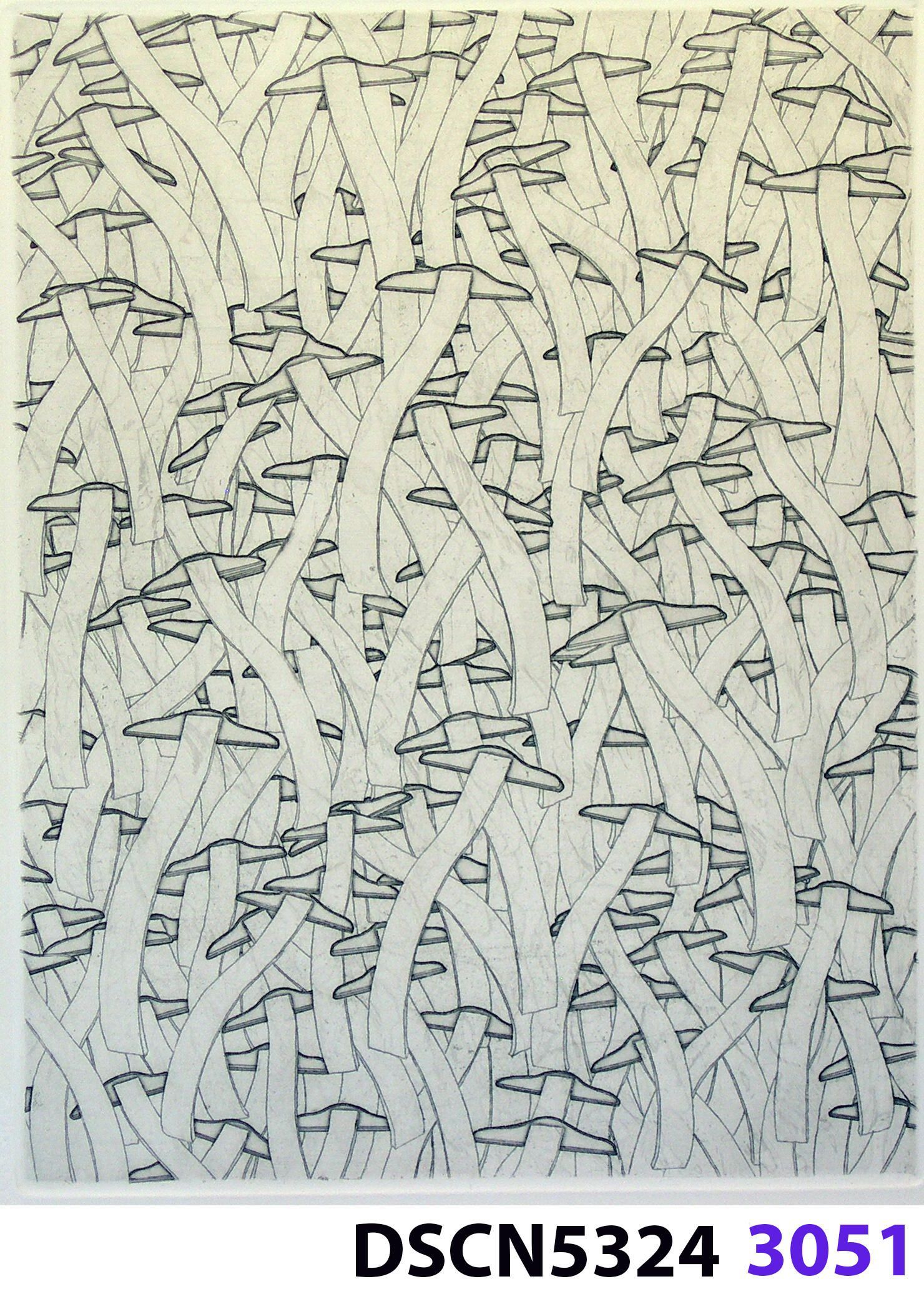 Wave Square School – variation: I was at a fish hatchery, and, looking in the water it was all dark. I thought, there are no fish!" I blinked, and all of a sudden I could see thousands of fishes. It was a school of fishes. Later, back in my studio I imagined thousands of wave squares in such a school. It inspired me to think of a moving image. For the spaceship crash series I was working on, in my imagination the camera zoomed in and resolved to show a school of wave squares, swimming like a school of fishes.