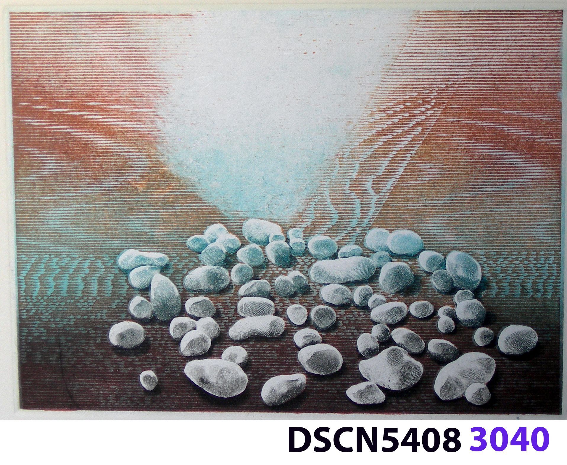 Stone Set IV: As a historical note, artist Bill Ritchie worked briefly at the Munch Museum studying the wood blocks that Edvard Munch cut and printed. Some of his woodcuts, notably "Badende Mann," (Bathing Man) he printed not as replicas or multiples all alike, but with different colors. These are termed monoprints, which means there are blocks which and be used to make almost identical impressions, but for artistic purposes (i.e., enjoyment of the creative artist) but the artist chose instead to make variations. In this print, Stone Set, Bill used an etched zinc plate from the Stone Set series and an under-image to a carved woodblock. Most, if not all, of the etched plates were printed in black, but the woodblock, being that it is printed with water-based colors in the Japanese manner (sosaku hanga) invites spontaneous color changes. The printer only has to dip the brush into a different color on the palette to produce a change. In other, mostly oil-based printing mediums, color changes are not that easy. Munch, for example, had to clean his inking slab and roller each time he wanted to try a different color. It must be mentioned, also, that Bill carved the lines in wood based on his video art. Television in those days was analog technology, with one or three electron beams scanning side-to-side of the picture from top to bottom and back again. The "picture" in Bill's video for this woodcut was not of the the real world, but the lines were instead the result of his stopping a videotape on a reel-to-reel videotape player and freezing the scanning at that stop-point. He photographed the TV screen, printed the negatiive, an traced it line-by line onto the woodcut and started carving. Another element to be mentioned is that the woodcut was printed on thin Asian paper (which works best in Japanese woodcut-style printing), let dry, then laminated to the etching in a second printing. The method is called Chine-colle, with water-based paste used to glue the sheets togehter. On close examination, one can tell the black oil-based etching ink is printed over the color, water-based ink.