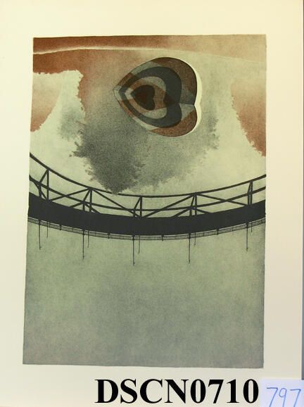 Target Heart 2: Trial proof in the Target Heart 2 edition. The crayon manner drawing on stone is slow and exacting in the way that I approached the method, and a good way to meditate on my themes. I was combining the target heart, trees, reflections, and bridge themes into the composition. This was when trees were moving back to the background, the bridge an over-arching character and the target hearts to the foreground.