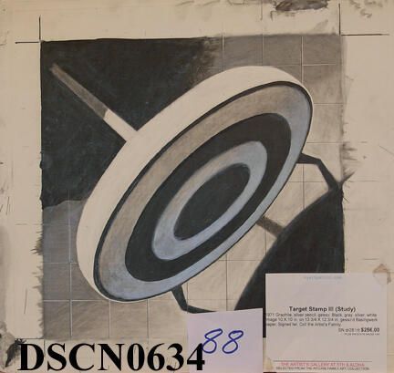 Target Stamp III (Study): There was an image of a sheet of stamps that constantly came to me, perhaps an etching or a lithograph, I could not foretell. I created the drawing because it was unresolved, and a sure thing I could control before the intracacies of printmaking interfered and took their toll (or, as more likely, added!). The silver added something that I didn't expect--the changing light as I worked on it and saw at it from different perspectives--similarly to the different perspectives that I could get in my serial versions of the targets.