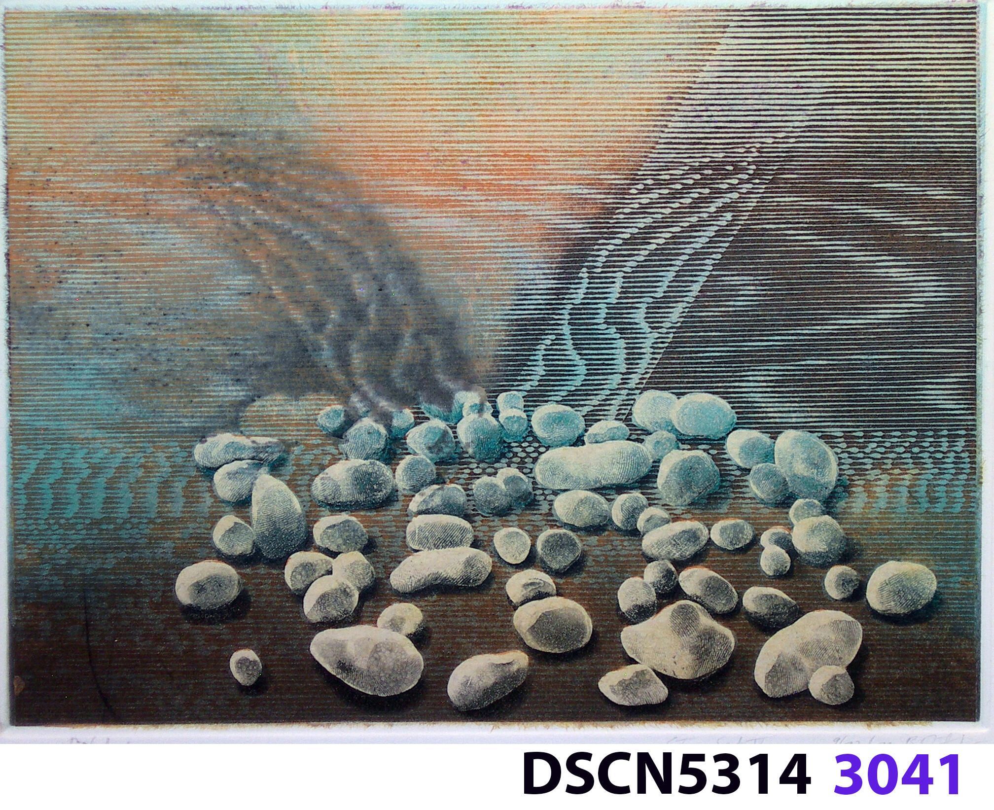 Stone Set IV: As a historical note, artist Bill Ritchie worked briefly at the Munch Museum studying the wood blocks that Edvard Munch cut and printed. Some of his woodcuts, notably "Badende Mann," (Bathing Man) he printed not as replicas or multiples all alike, but with different colors. These are termed monoprints, which means there are blocks which and be used to make almost identical impressions, but for artistic purposes (i.e., enjoyment of the creative artist) but the artist chose instead to make variations. In this print, Stone Set, Bill used an etched zinc plate from the Stone Set series and an under-image to a carved woodblock. Most, if not all, of the etched plates were printed in black, but the woodblock, being that it is printed with water-based colors in the Japanese manner (sosaku hanga) invites spontaneous color changes. The printer only has to dip the brush into a different color on the palette to produce a change. In other, mostly oil-based printing mediums, color changes are not that easy. Munch, for example, had to clean his inking slab and roller each time he wanted to try a different color. It must be mentioned, also, that Bill carved the lines in wood based on his video art. Television in those days was analog technology, with one or three electron beams scanning side-to-side of the picture from top to bottom and back again. The "picture" in Bill's video for this woodcut was not of the the real world, but the lines were instead the result of his stopping a videotape on a reel-to-reel videotape player and freezing the scanning at that stop-point. He photographed the TV screen, printed the negatiive, an traced it line-by line onto the woodcut and started carving. Another element to be mentioned is that the woodcut was printed on thin Asian paper (which works best in Japanese woodcut-style printing), let dry, then laminated to the etching in a second printing. The method is called Chine-colle, with water-based paste used to glue the sheets togehter. On close examination, one can tell the black oil-based etching ink is printed over the color, water-based ink.