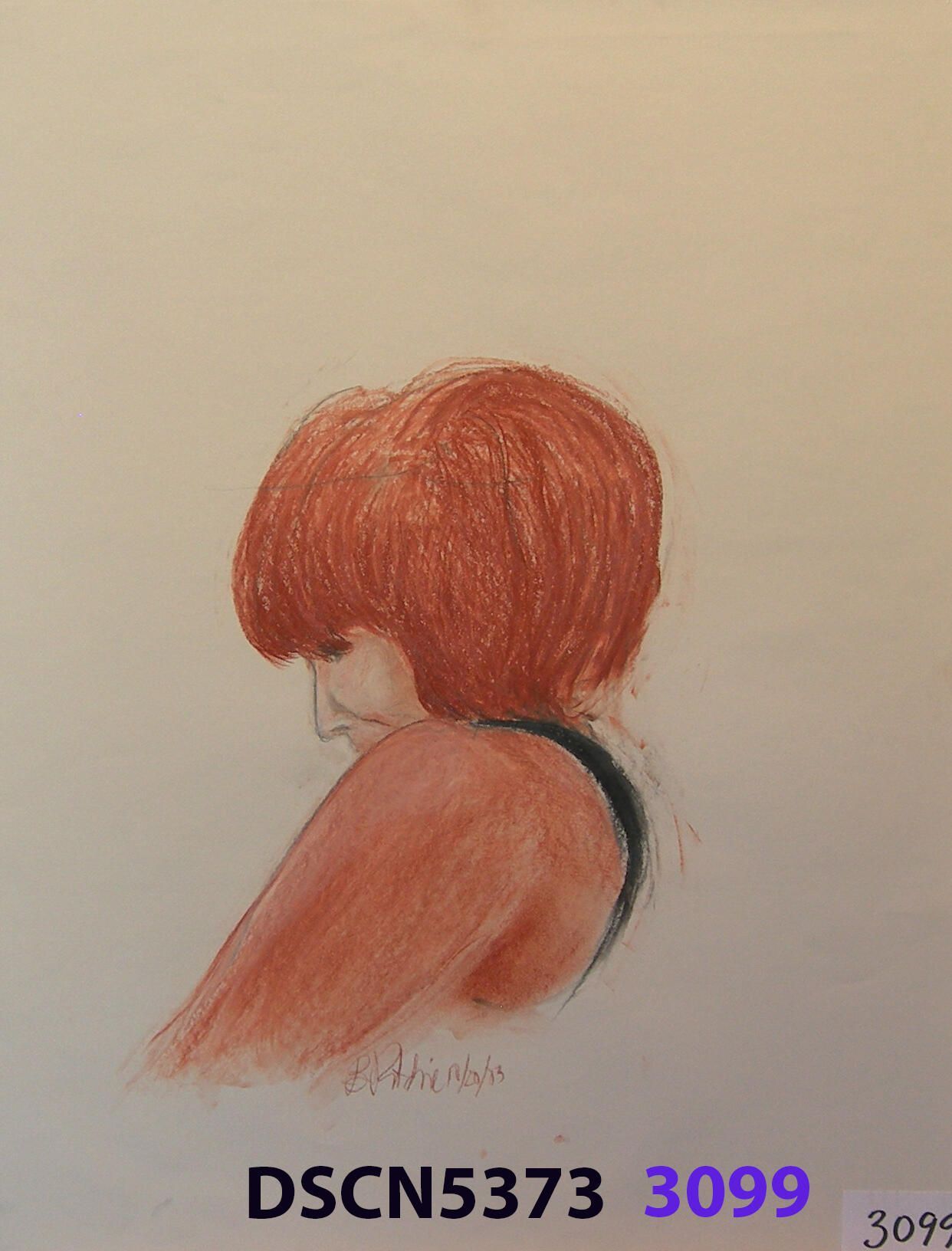 Woman in orange: This may be a profile of Lynda, but I am not certain. It was 2003, and I was teaching drawing at Shoreline College, doing drawings every day to try to keep up with my classes, doing what I told them to do. Lynda probably didn't bouffant her hair quite that much in those days, but I carry my artist's license at all times.