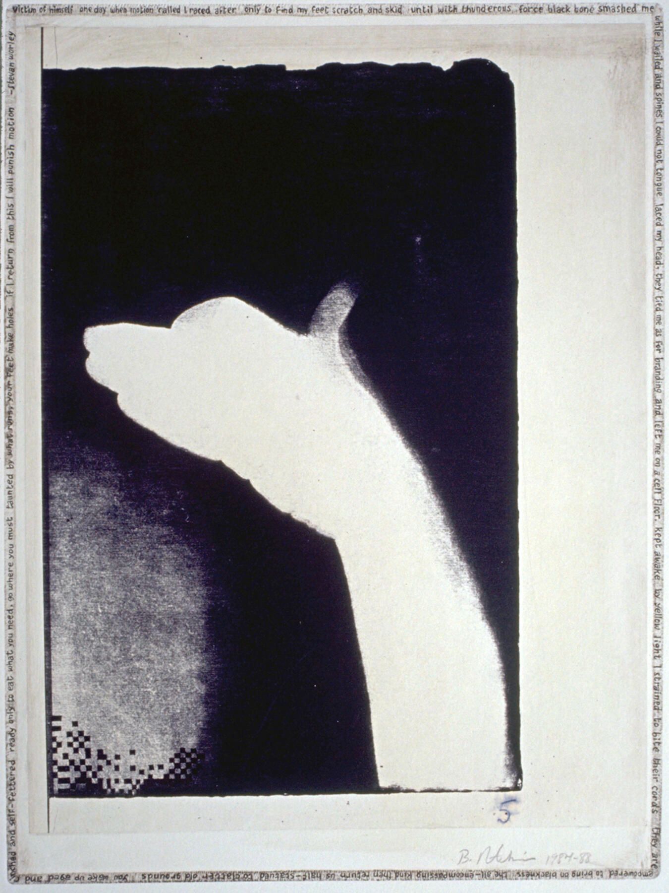 Handmade Dogs 5: A hand-shadow dog originated in cyanotype, which was scanned and printed by an office copier, then laminated by chine-colle to etching paper on a copper plate whose edges were beveled and polished. With a fine pen point, Worley's poem was written around the perimeter of the embossing, with added tiny checkerboard patterns. Also, bones were painted with a fingertip and black etching ink.