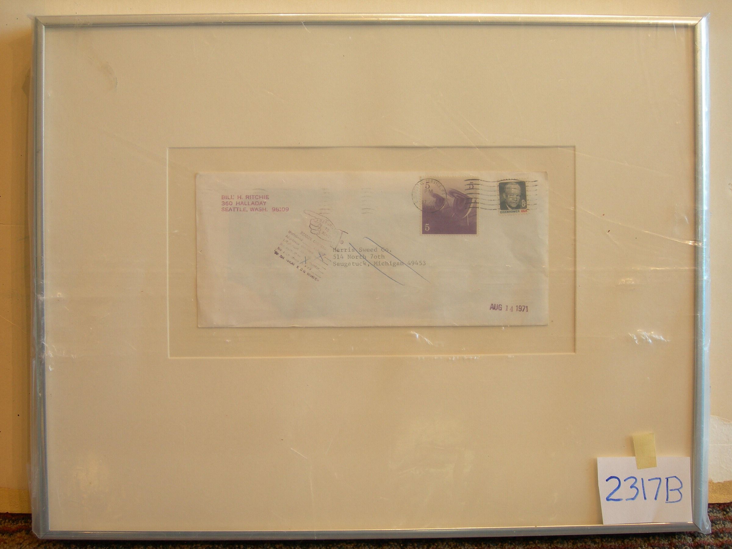 Artistamp: Target and Reflection: See Bill's autobiography, flipbook pages 229 and 235, "In December I got a call from a guy named David Burga ...," for the story about how David was going to get rich selling artistamps. Bill agreed to hand over his painting, "Target and Reflection," for his part of the deal. David then photographed it and had it printed as a stamp. In the Wall Street Journal he bought a classified ad. Nothing came of it. He left Bill with six stamps and disappeared with the painting. Bill performed his usual act of addressing the envelope to a nonexistent address to insure it would be returned with the usual handstamped directions to return it to him.