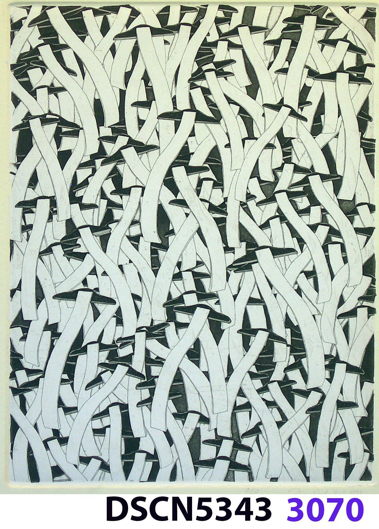 Wave Square School – variation: I was at a fish hatchery, and, looking in the water it was all dark. I thought, there are no fish!" I blinked, and all of a sudden I could see thousands of fishes. It was a school of fishes. Later, back in my studio I imagined thousands of wave squares in such a school. It inspired me to think of a moving image. For the spaceship crash series I was working on, in my imagination the camera zoomed in and resolved to show a school of wave squares, swimming like a school of fishes.