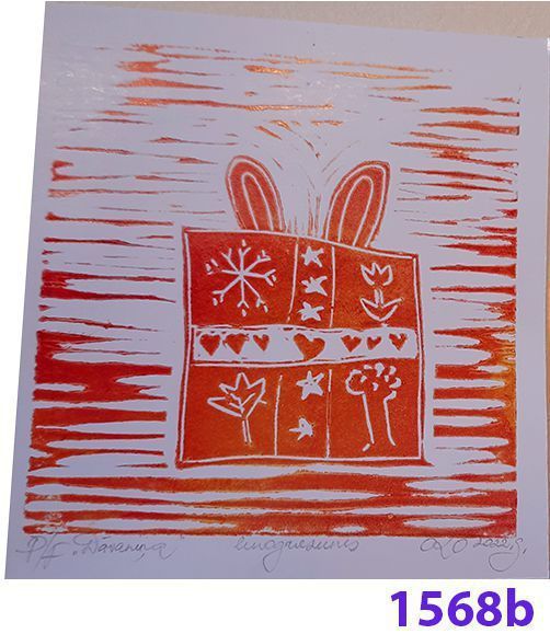 Signed greeting card: Hand-pulled relief print from a friend in Latvia, a principal at the Grafikaskola arts and music workshop and home of one of the Legacy Mini Halfwood Presses. She has supplied photographs of kid and adults using the press since it arrived in 2012 - ten years of successful usage of the press.