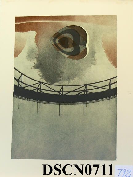 Target Heart 2: Trial proof in the Target Heart 2 edition. The crayon manner drawing on stone is slow and exacting in the way that I approached the method, and a good way to meditate on my themes. I was combining the target heart, trees, reflections, and bridge themes into the composition. This was when trees were moving back to the background, the bridge an over-arching character and the target hearts to the foreground.