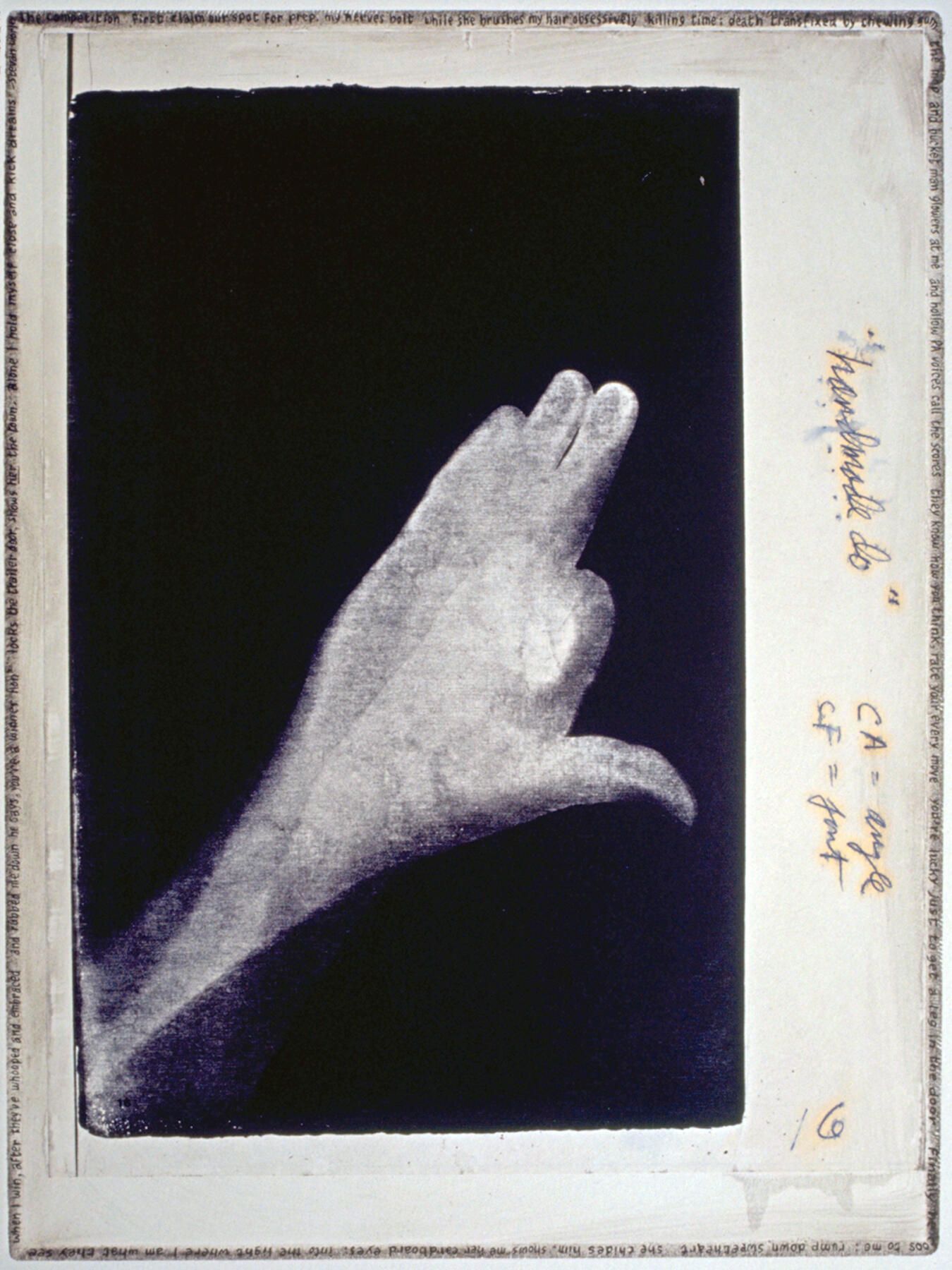 Handmade Dogs 16: A hand-shadow dog originated in cyanotype, which was scanned and printed by an office copier, then laminated by chine-colle to etching paper on a copper plate whose edges were beveled and polished. With a fine pen point, Worley's poem was written around the perimeter of the embossing, with added tiny checkerboard patterns. Also, bones were painted with a fingertip and black etching ink.