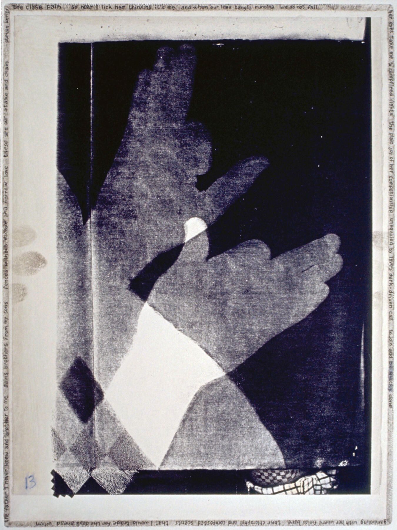 Handmade Dogs 13: A hand-shadow dog originated in cyanotype, which was scanned and printed by an office copier, then laminated by chine-colle to etching paper on a copper plate whose edges were beveled and polished. With a fine pen point, Worley's poem was written around the perimeter of the embossing, with added tiny checkerboard patterns. Also, bones were painted with a fingertip and black etching ink.