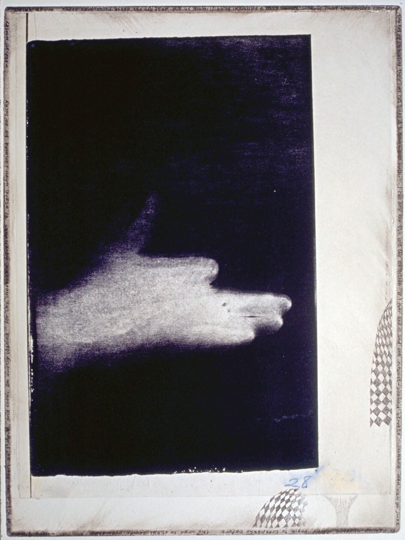 Handmade Dogs 28: A hand-shadow dog originated in cyanotype, which was scanned and printed by an office copier, then laminated by chine-colle to etching paper on a copper plate whose edges were beveled and polished. With a fine pen point, Worley's poem was written around the perimeter of the embossing, with added tiny checkerboard patterns. Also, bones were painted with a fingertip and black etching ink.