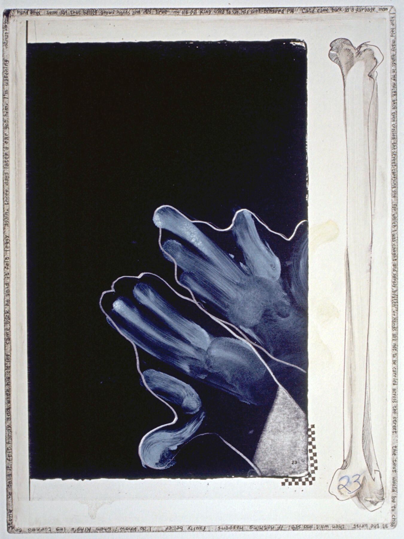 Handmade Dogs 23: A hand-shadow dog originated in cyanotype, which was scanned and printed by an office copier, then laminated by chine-colle to etching paper on a copper plate whose edges were beveled and polished. With a fine pen point, Worley's poem was written around the perimeter of the embossing, with added tiny checkerboard patterns. Also, bones were painted with a fingertip and black etching ink.