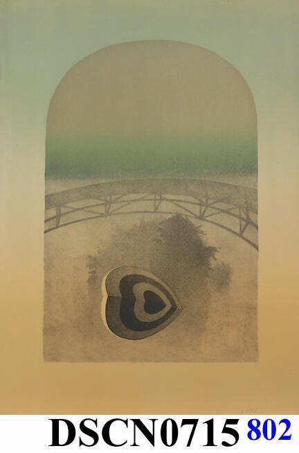 Target Heart 2: Trial proof in the Target Heart 2 edition. The crayon manner drawing on stone is slow and exacting in the way that I approached the method, and a good way to meditate on my themes. I was combining the target heart, trees, reflections, and bridge themes into the composition. This was when trees were moving back to the background, the bridge an over-arching character and the target hearts to the foreground.