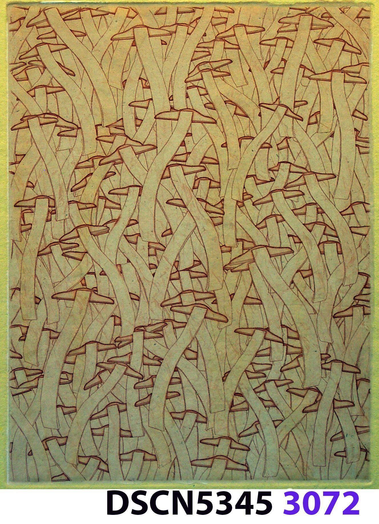 Wave Square School – variation: I was at a fish hatchery, and, looking in the water it was all dark. I thought, there are no fish!" I blinked, and all of a sudden I could see thousands of fishes. It was a school of fishes. Later, back in my studio I imagined thousands of wave squares in such a school. It inspired me to think of a moving image. For the spaceship crash series I was working on, in my imagination the camera zoomed in and resolved to show a school of wave squares, swimming like a school of fishes.