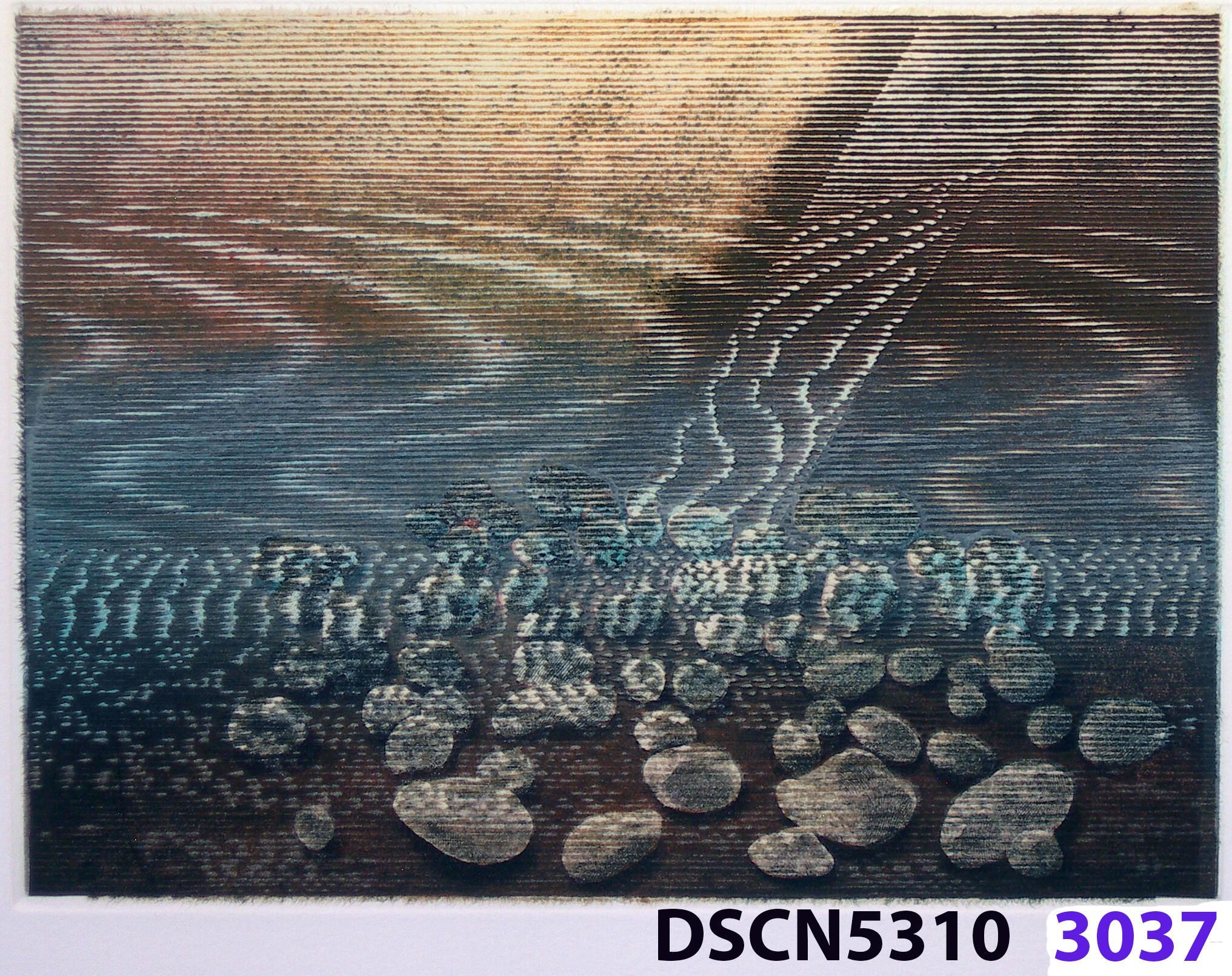 Stone Set IV: As a historical note, artist Bill Ritchie worked briefly at the Munch Museum studying the wood blocks that Edvard Munch cut and printed. Some of his woodcuts, notably "Badende Mann," (Bathing Man) he printed not as replicas or multiples all alike, but with different colors. These are termed monoprints, which means there are blocks which and be used to make almost identical impressions, but for artistic purposes (i.e., enjoyment of the creative artist) but the artist chose instead to make variations. In this print, Stone Set, Bill used an etched zinc plate from the Stone Set series and an under-image to a carved woodblock. Most, if not all, of the etched plates were printed in black, but the woodblock, being that it is printed with water-based colors in the Japanese manner (sosaku hanga) invites spontaneous color changes. The printer only has to dip the brush into a different color on the palette to produce a change. In other, mostly oil-based printing mediums, color changes are not that easy. Munch, for example, had to clean his inking slab and roller each time he wanted to try a different color. It must be mentioned, also, that Bill carved the lines in wood based on his video art. Television in those days was analog technology, with one or three electron beams scanning side-to-side of the picture from top to bottom and back again. The "picture" in Bill's video for this woodcut was not of the the real world, but the lines were instead the result of his stopping a videotape on a reel-to-reel videotape player and freezing the scanning at that stop-point. He photographed the TV screen, printed the negatiive, an traced it line-by line onto the woodcut and started carving. Another element to be mentioned is that the woodcut was printed on thin Asian paper (which works best in Japanese woodcut-style printing), let dry, then laminated to the etching in a second printing. The method is called Chine-colle, with water-based paste used to glue the sheets togehter. On close examination, one can tell the black oil-based etching ink is printed over the color, water-based ink.