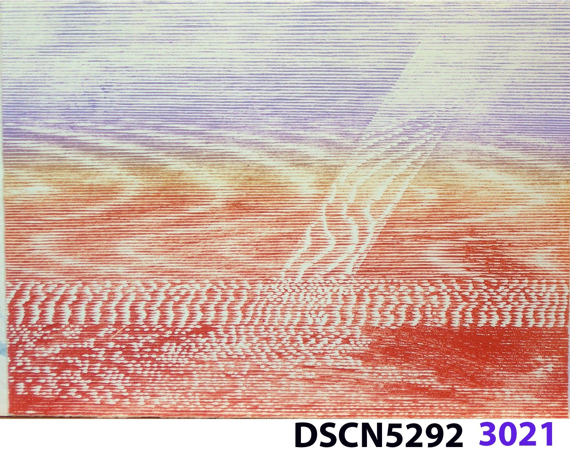 Stone Set: As a historical note, artist Bill Ritchie worked briefly at the Munch Museum studying the wood blocks that Edvard Munch cut and printed. Some of his woodcuts, notably "Badende Mann," (Bathing Man) he printed not as replicas or multiples all alike, but with different colors. These are termed monoprints, which means there are blocks which and be used to make almost identical impressions, but for artistic purposes (i.e., enjoyment of the creative artist) but the artist chose instead to make variations. In this print, Stone Set, Bill used an etched zinc plate from the Stone Set series and an under-image to a carved woodblock. Most, if not all, of the etched plates were printed in black, but the woodblock, being that it is printed with water-based colors in the Japanese manner (sosaku hanga) invites spontaneous color changes. The printer only has to dip the brush into a different color on the palette to produce a change. In other, mostly oil-based printing mediums, color changes are not that easy. Munch, for example, had to clean his inking slab and roller each time he wanted to try a different color. It must be mentioned, also, that Bill carved the lines in wood based on his video art. Television in those days was analog technology, with one or three electron beams scanning side-to-side of the picture from top to bottom and back again. The "picture" in Bill's video for this woodcut was not of the the real world, but the lines were instead the result of his stopping a videotape on a reel-to-reel videotape player and freezing the scanning at that stop-point. He photographed the TV screen, printed the negatiive, an traced it line-by line onto the woodcut and started carving. Another element to be mentioned is that the woodcut was printed on thin Asian paper (which works best in Japanese woodcut-style printing), let dry, then laminated to the etching in a second printing. The method is called Chine-colle, with water-based paste used to glue the sheets togehter. On close examination, one can tell the black oil-based etching ink is printed over the color, water-based ink.