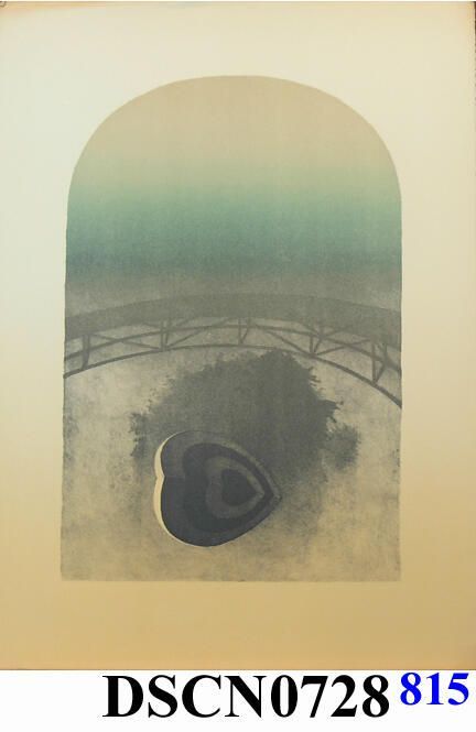 Target Heart 2: Trial proof in the Target Heart 2 edition. The crayon manner drawing on stone is slow and exacting in the way that I approached the method, and a good way to meditate on my themes. I was combining the target heart, trees, reflections, and bridge themes into the composition. This was when trees were moving back to the background, the bridge an over-arching character and the target hearts to the foreground.