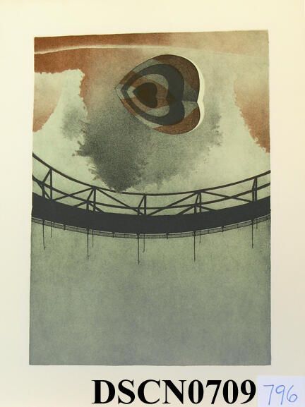 Target Heart 2: Trial proof in the Target Heart 2 edition. The crayon manner drawing on stone is slow and exacting in the way that I approached the method, and a good way to meditate on my themes. I was combining the target heart, trees, reflections, and bridge themes into the composition. This was when trees were moving back to the background, the bridge an over-arching character and the target hearts to the foreground.