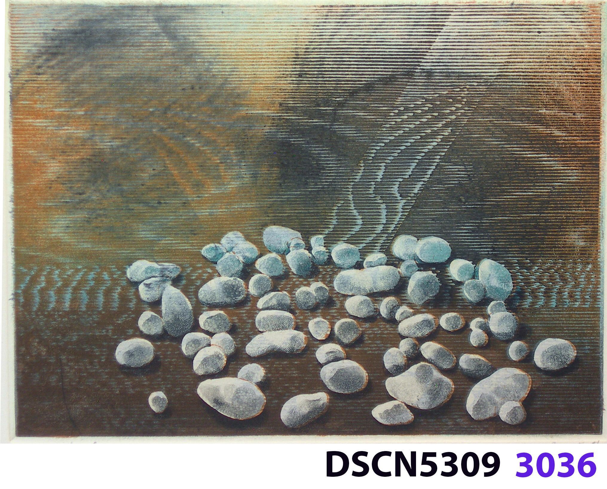 Stone Set IV: As a historical note, artist Bill Ritchie worked briefly at the Munch Museum studying the wood blocks that Edvard Munch cut and printed. Some of his woodcuts, notably "Badende Mann," (Bathing Man) he printed not as replicas or multiples all alike, but with different colors. These are termed monoprints, which means there are blocks which and be used to make almost identical impressions, but for artistic purposes (i.e., enjoyment of the creative artist) but the artist chose instead to make variations. In this print, Stone Set, Bill used an etched zinc plate from the Stone Set series and an under-image to a carved woodblock. Most, if not all, of the etched plates were printed in black, but the woodblock, being that it is printed with water-based colors in the Japanese manner (sosaku hanga) invites spontaneous color changes. The printer only has to dip the brush into a different color on the palette to produce a change. In other, mostly oil-based printing mediums, color changes are not that easy. Munch, for example, had to clean his inking slab and roller each time he wanted to try a different color. It must be mentioned, also, that Bill carved the lines in wood based on his video art. Television in those days was analog technology, with one or three electron beams scanning side-to-side of the picture from top to bottom and back again. The "picture" in Bill's video for this woodcut was not of the the real world, but the lines were instead the result of his stopping a videotape on a reel-to-reel videotape player and freezing the scanning at that stop-point. He photographed the TV screen, printed the negatiive, an traced it line-by line onto the woodcut and started carving. Another element to be mentioned is that the woodcut was printed on thin Asian paper (which works best in Japanese woodcut-style printing), let dry, then laminated to the etching in a second printing. The method is called Chine-colle, with water-based paste used to glue the sheets togehter. On close examination, one can tell the black oil-based etching ink is printed over the color, water-based ink.