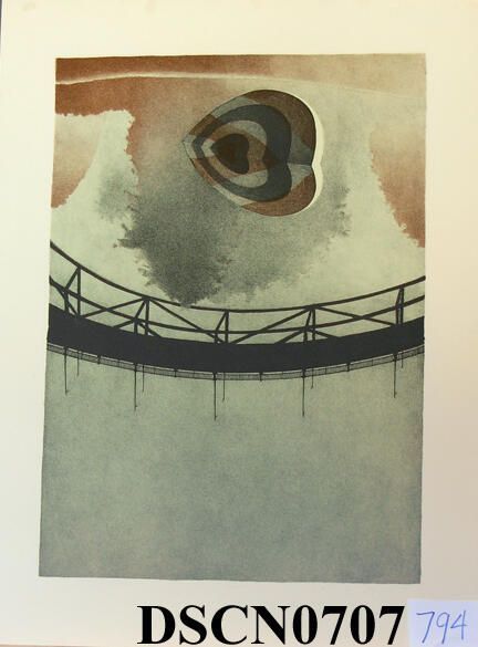 Target Heart 2: Trial proof in the Target Heart 2 edition. The crayon manner drawing on stone is slow and exacting in the way that I approached the method, and a good way to meditate on my themes. I was combining the target heart, trees, reflections, and bridge themes into the composition. This was when trees were moving back to the background, the bridge an over-arching character and the target hearts to the foreground.