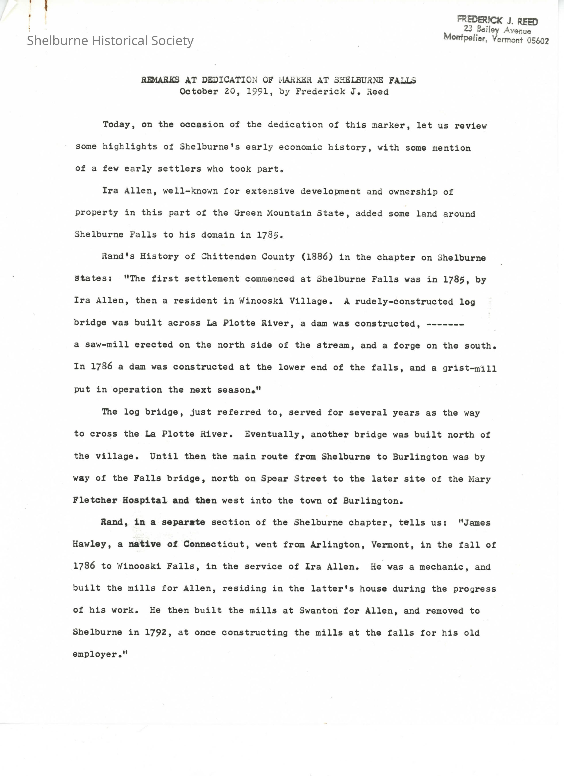 Remarks at Dedication of Marker at Shelburne Falls