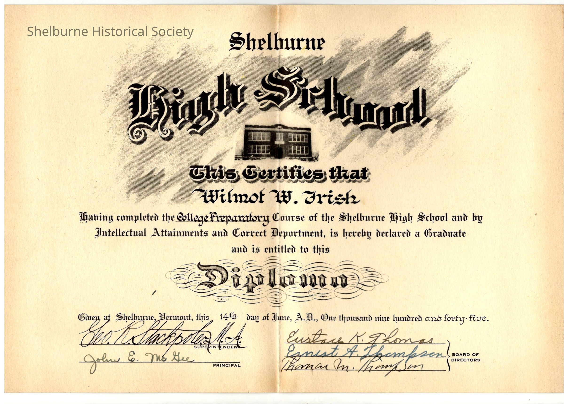 Shelburne High School Diploma - Wilmot Irish