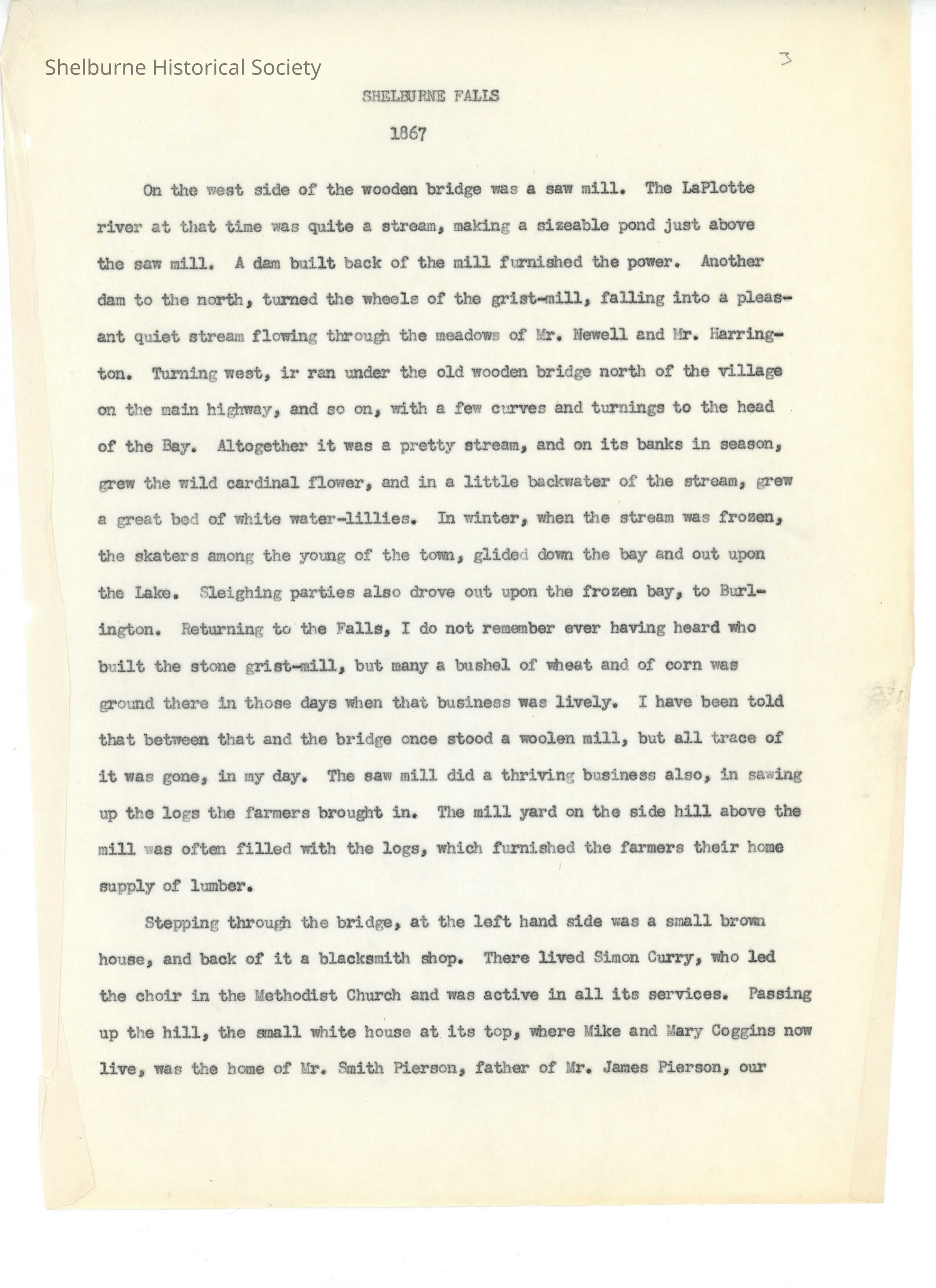 Shelburne Falls 1867 Oral History: Original Typewritten Copy