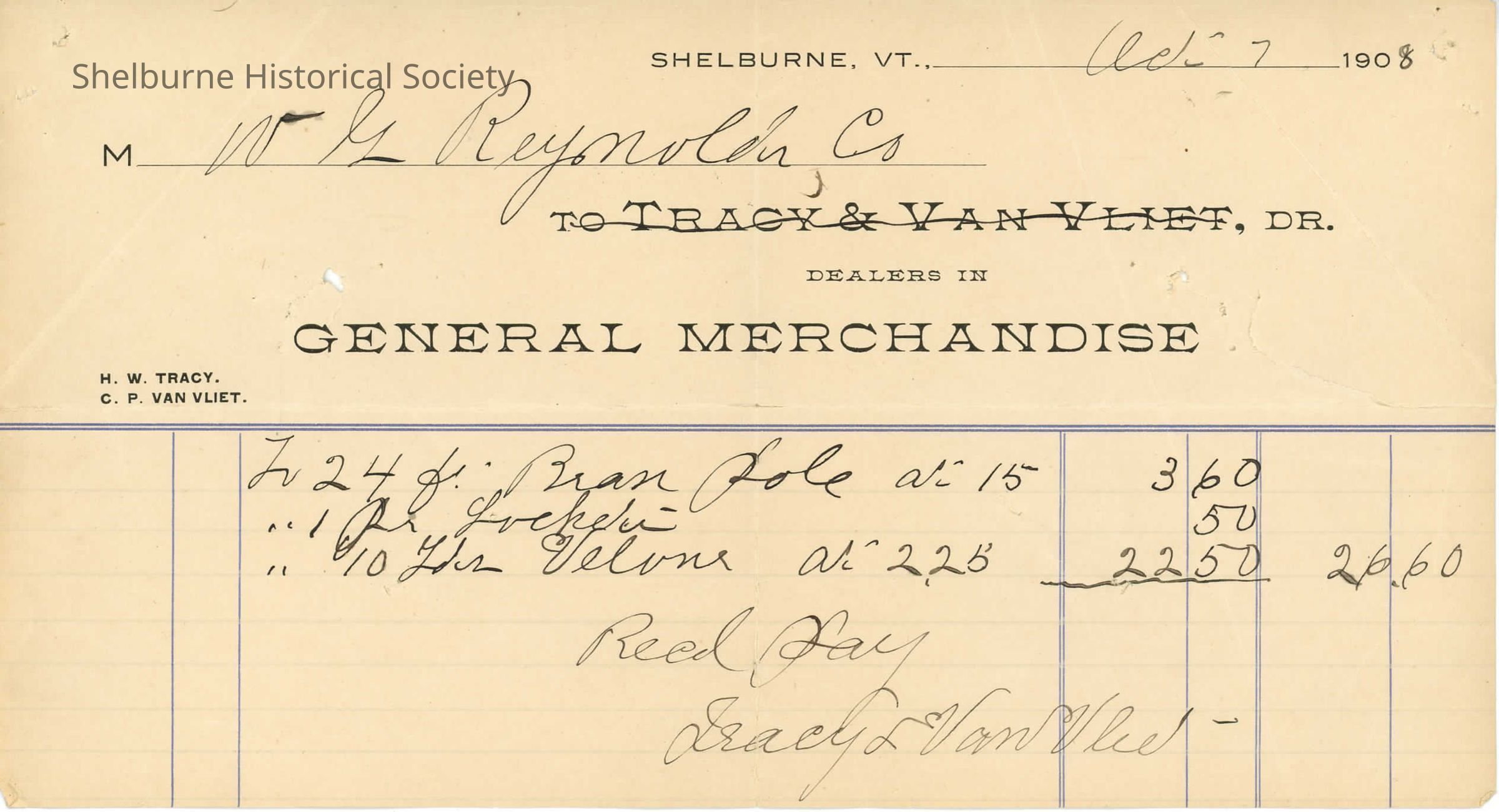 Tracy & Van Vliet Store Receipt