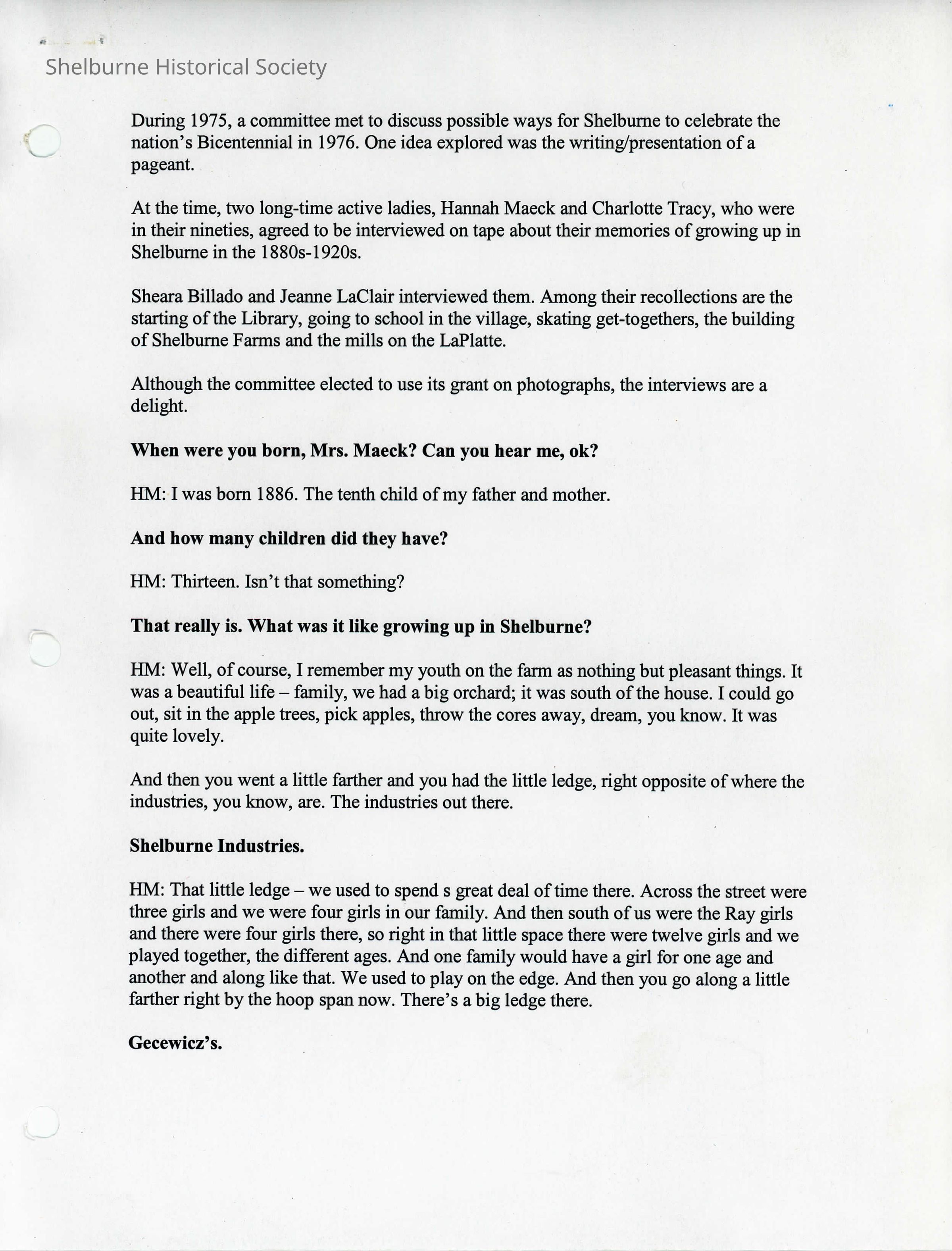 Transcript Oral History Hannah Tracy 1874-1927