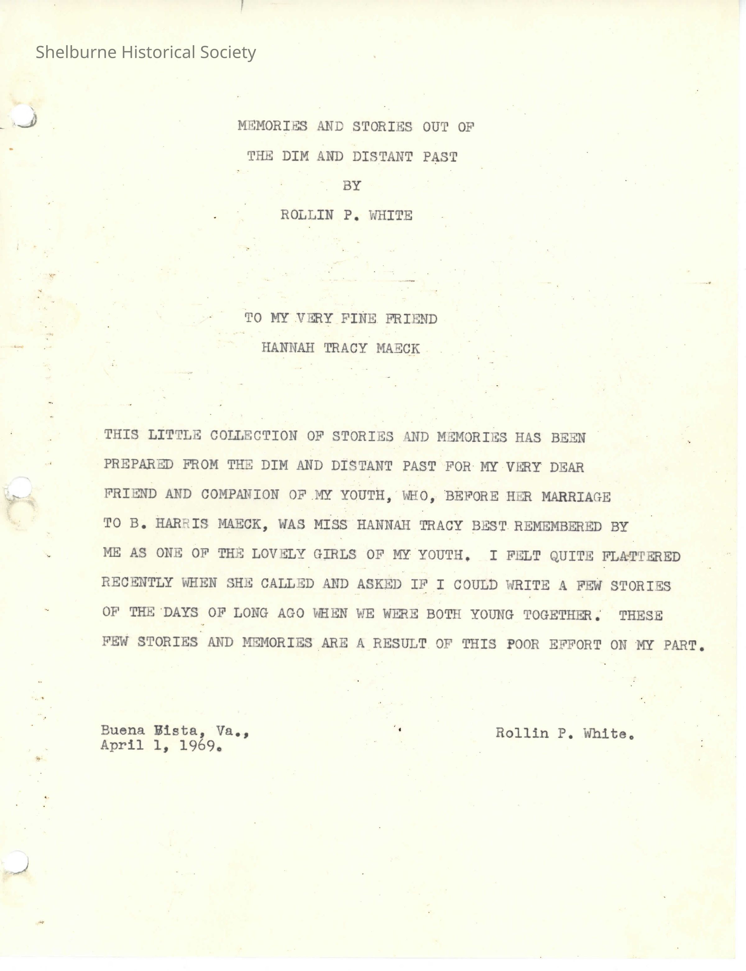 Memories and Stories by Rollin White