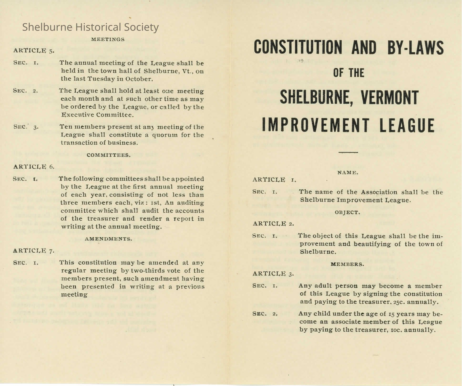 Constitution and By-Laws of the Shelburne, Vermont Improvement League