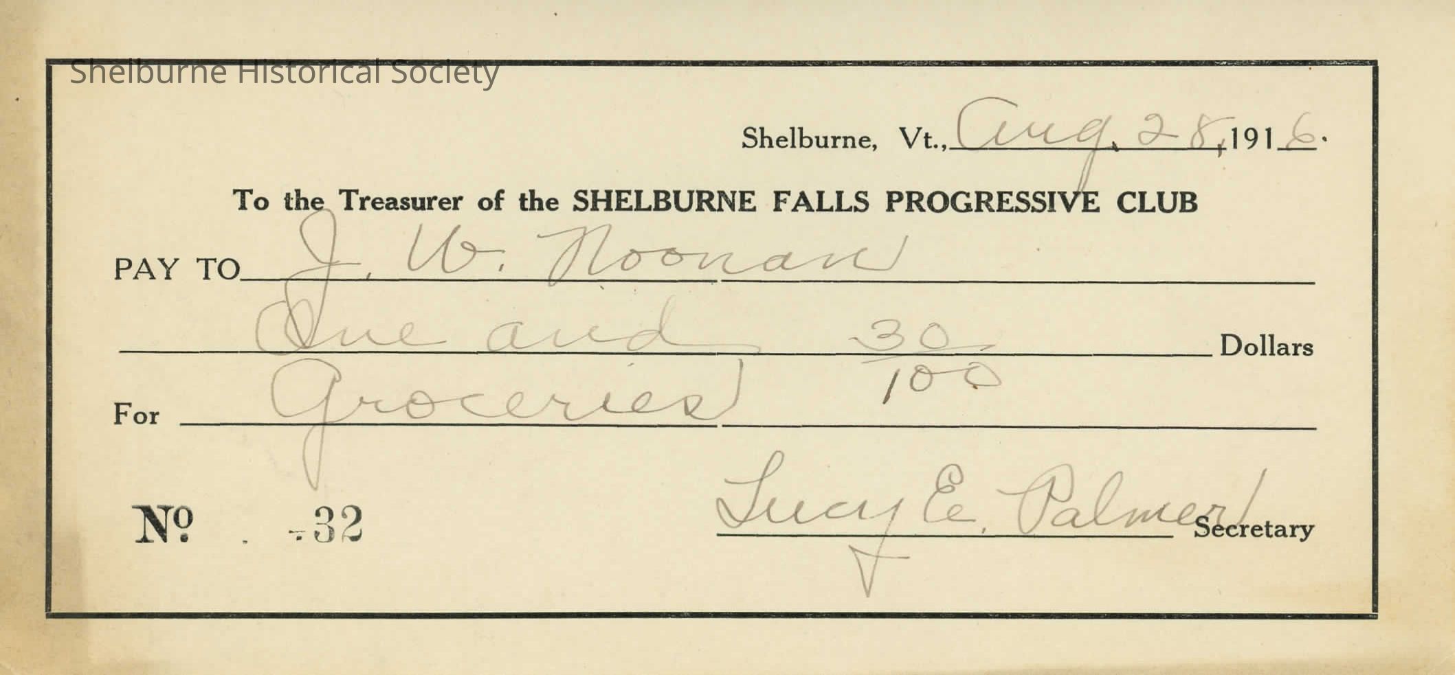 Receipt - Shelburne Falls Progressive Club