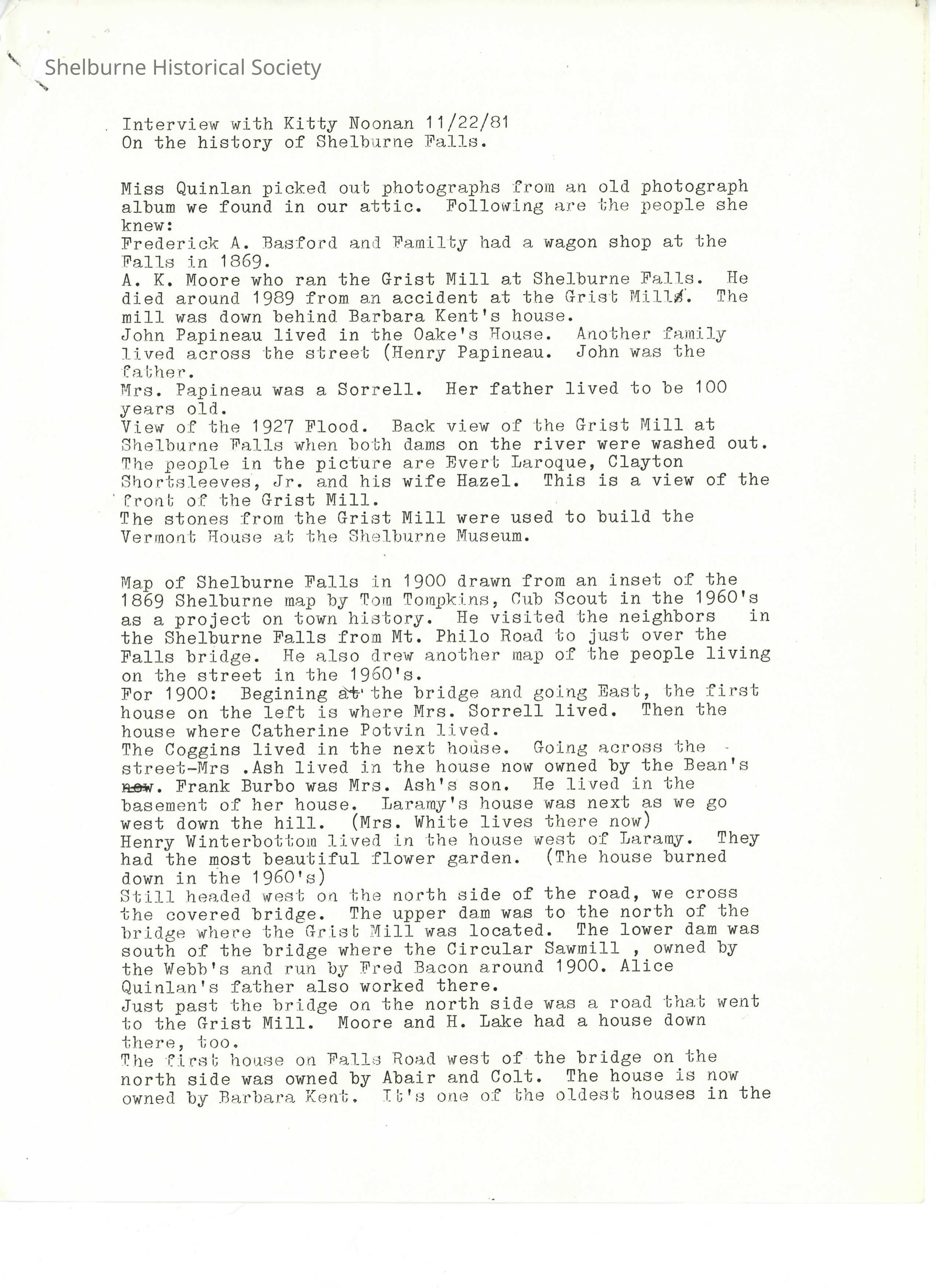 Transcript of Interview with Kitty Noonan 22 Nov 1981 On the History of Shelburne Falls