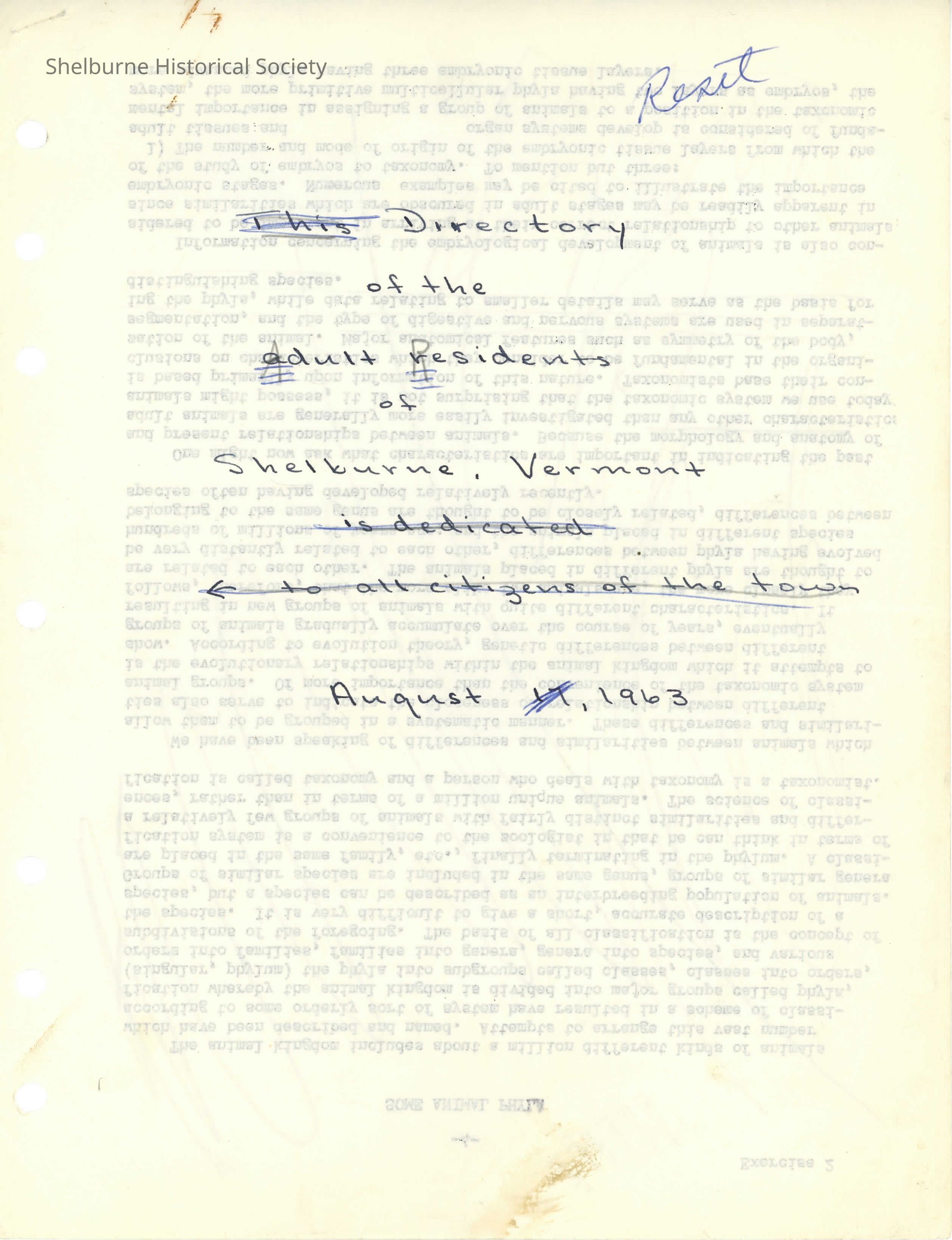 Directory of the Adult Residents of Shelburne, Vermont August 1963 - Edit Copy
