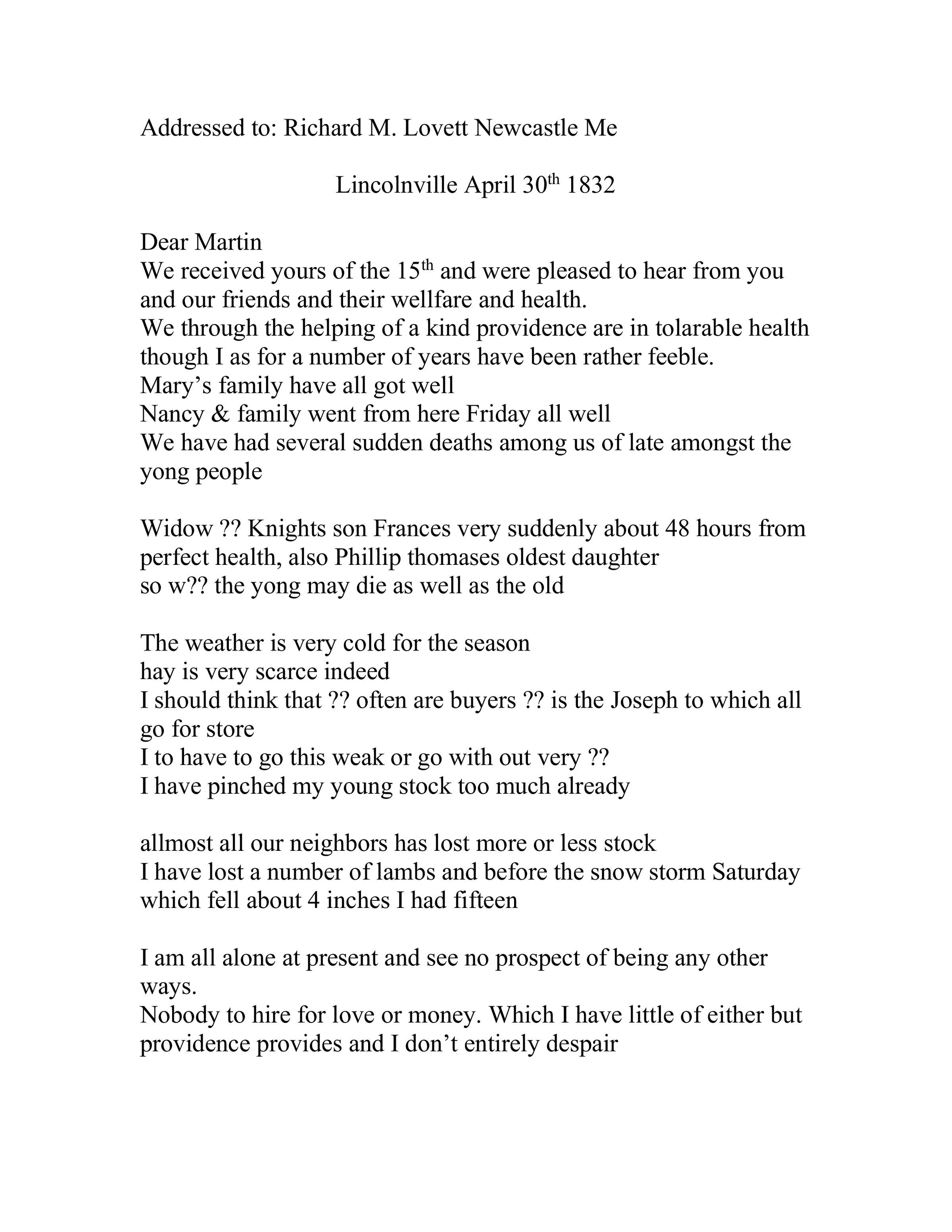 Letter written in 1832