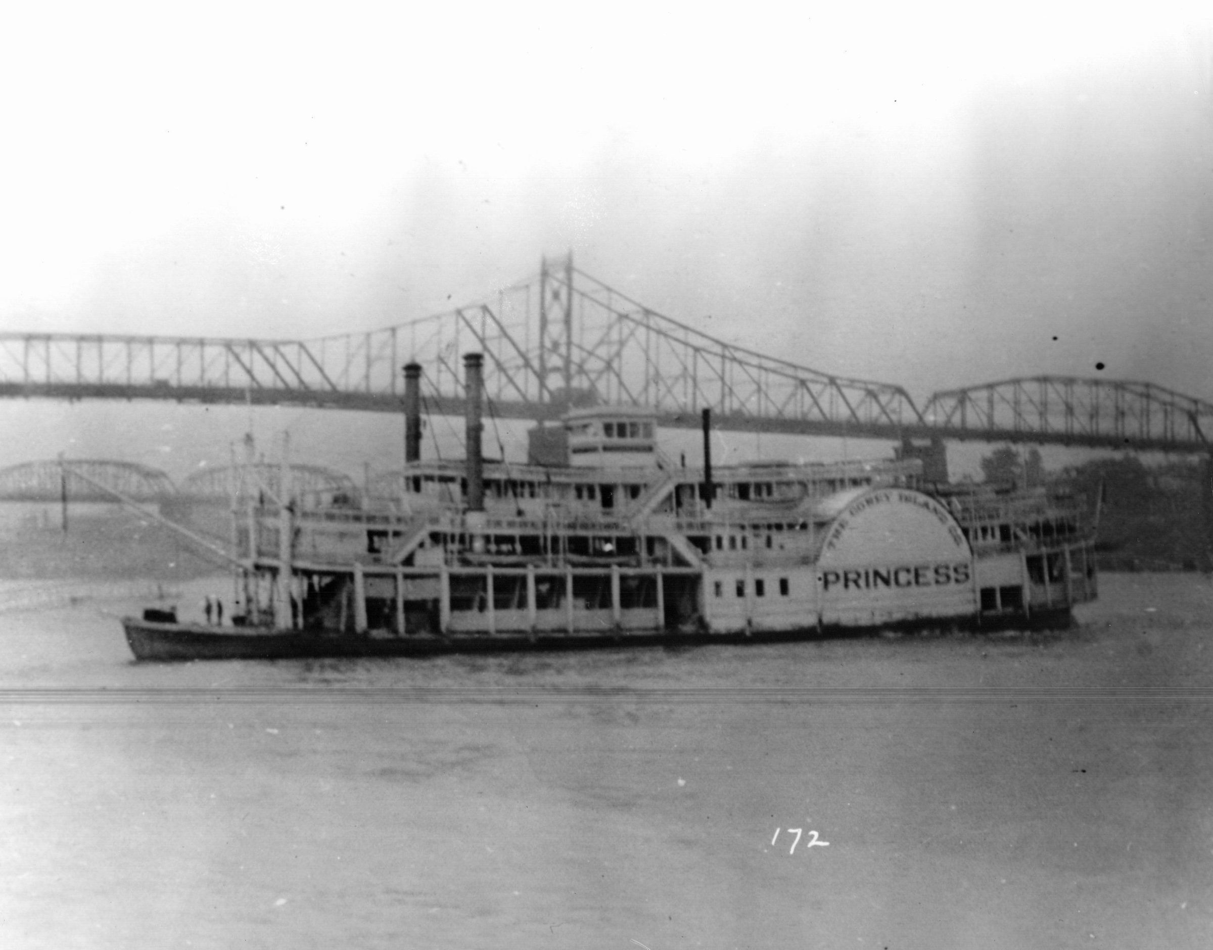 Muskingum River State Park - The Princess, date unknown: The Princess was an excursion ship for pleasure cruising and a packet boat that hauled mail, cargo, and people. Built in 1900 at Harmar, Ohio, the Princess began life as the Francis J. Torrance. The Coney Island Company purchased the boat in 1905. The Princess cruised the Ohio and Kentucky Rivers for pleasure voyages and provided passenger service to Coney Island amusement park in Cincinnati. The Princess's name derived from providing support to Coney Island's premier steamboat named Island Queen. The Princess sank during the winter of 1917/18 after being crushed by ice in the frozen Ohio River.